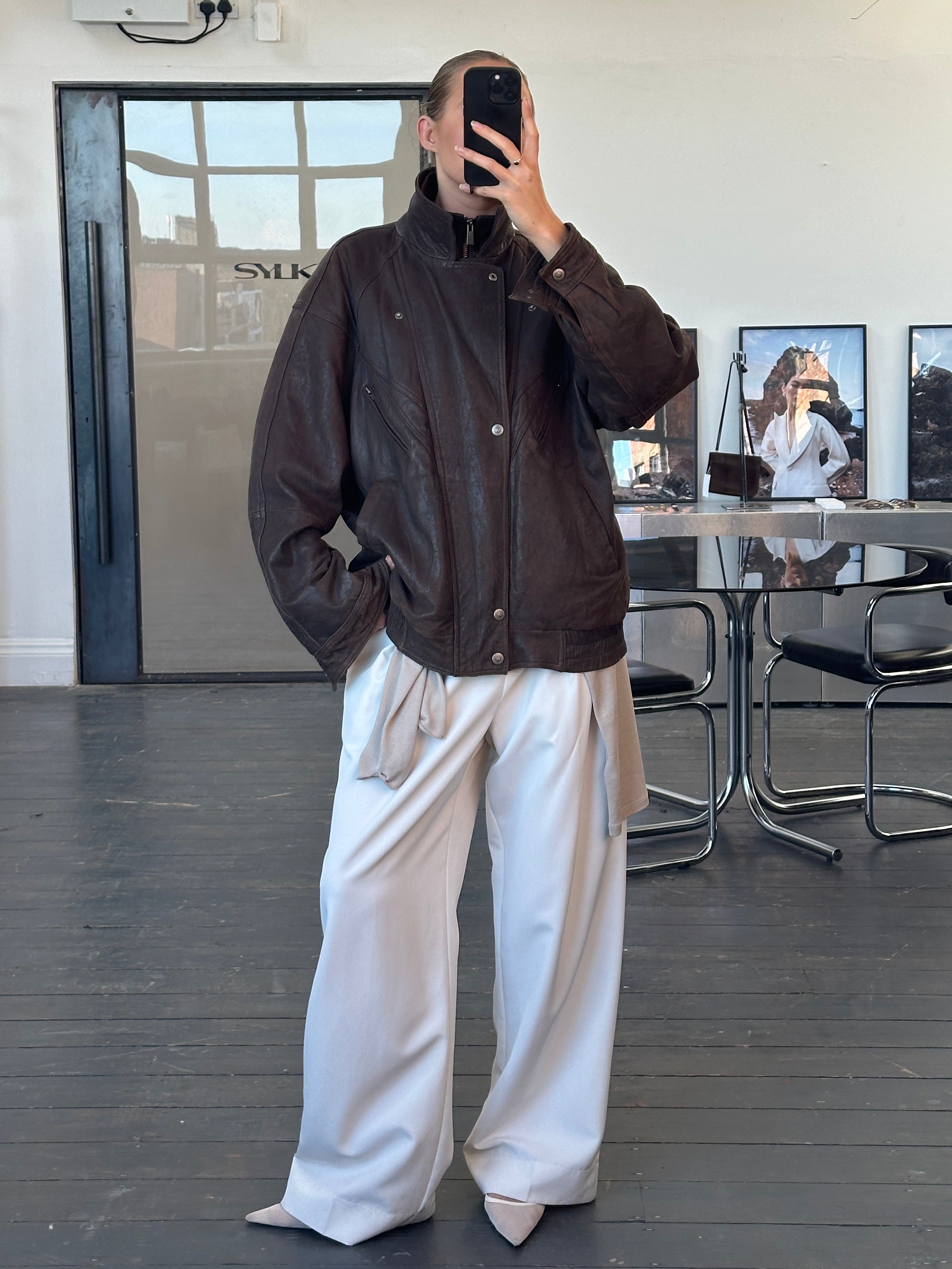 Vintage 1990s High Neck Bomber Leather Jacket - XL - SYLK