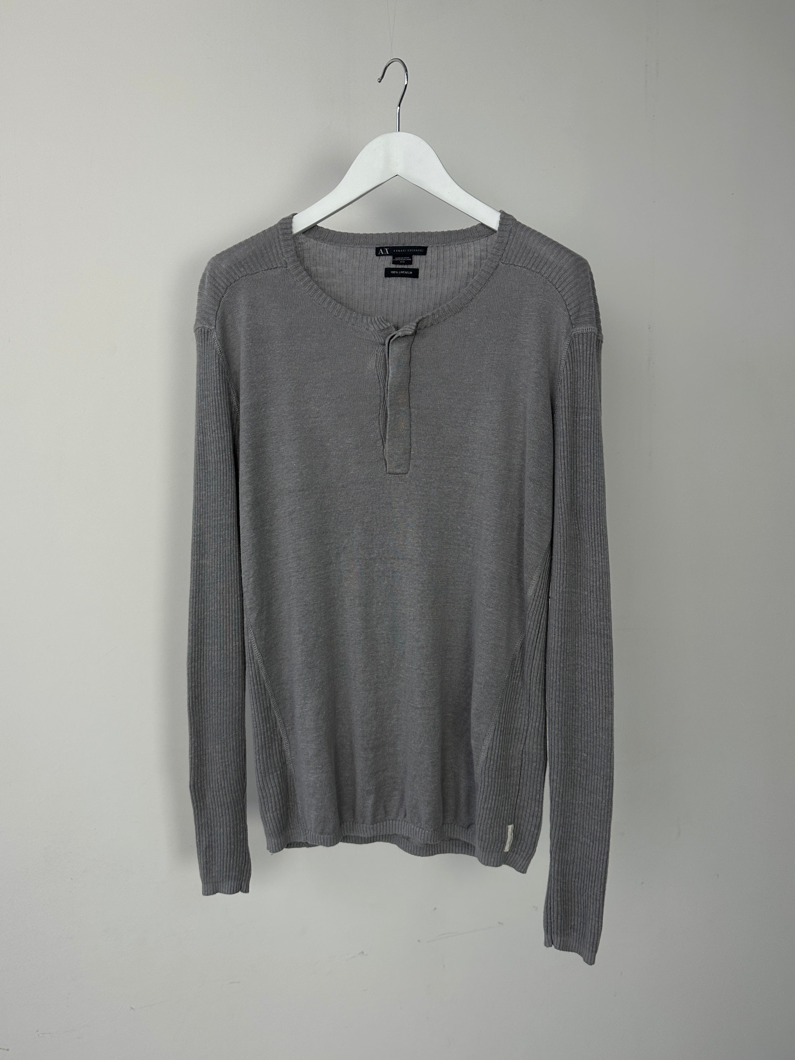Armani Exchange pure linen slim fit long sleeve T-shirt in size L, beige color, displayed flat with visible stitching and collar details.