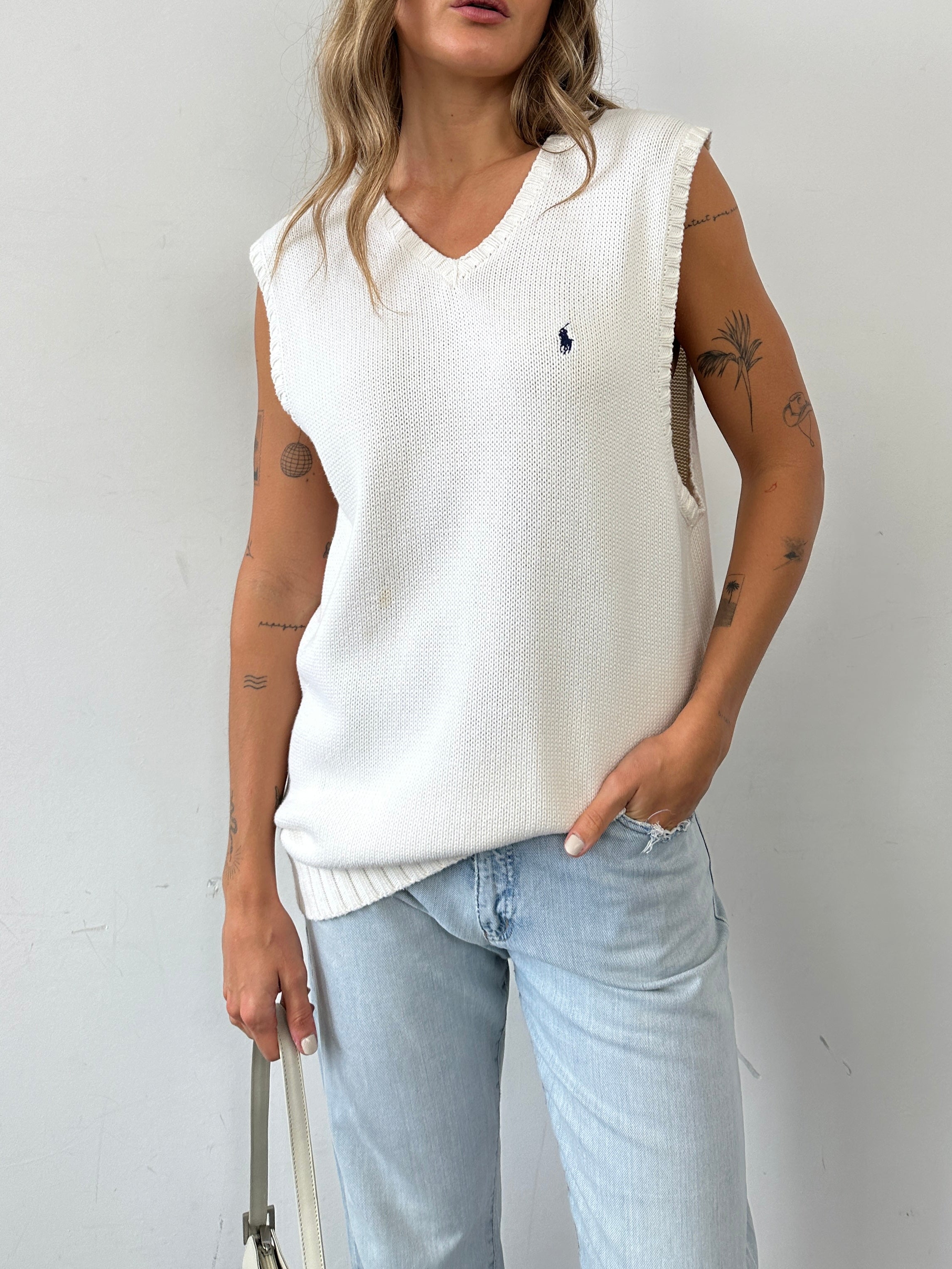 Ralph Lauren Polo Pure Cotton sleeveless logo vest in XL, beige color, featuring the iconic Ralph Lauren polo logo on the chest.