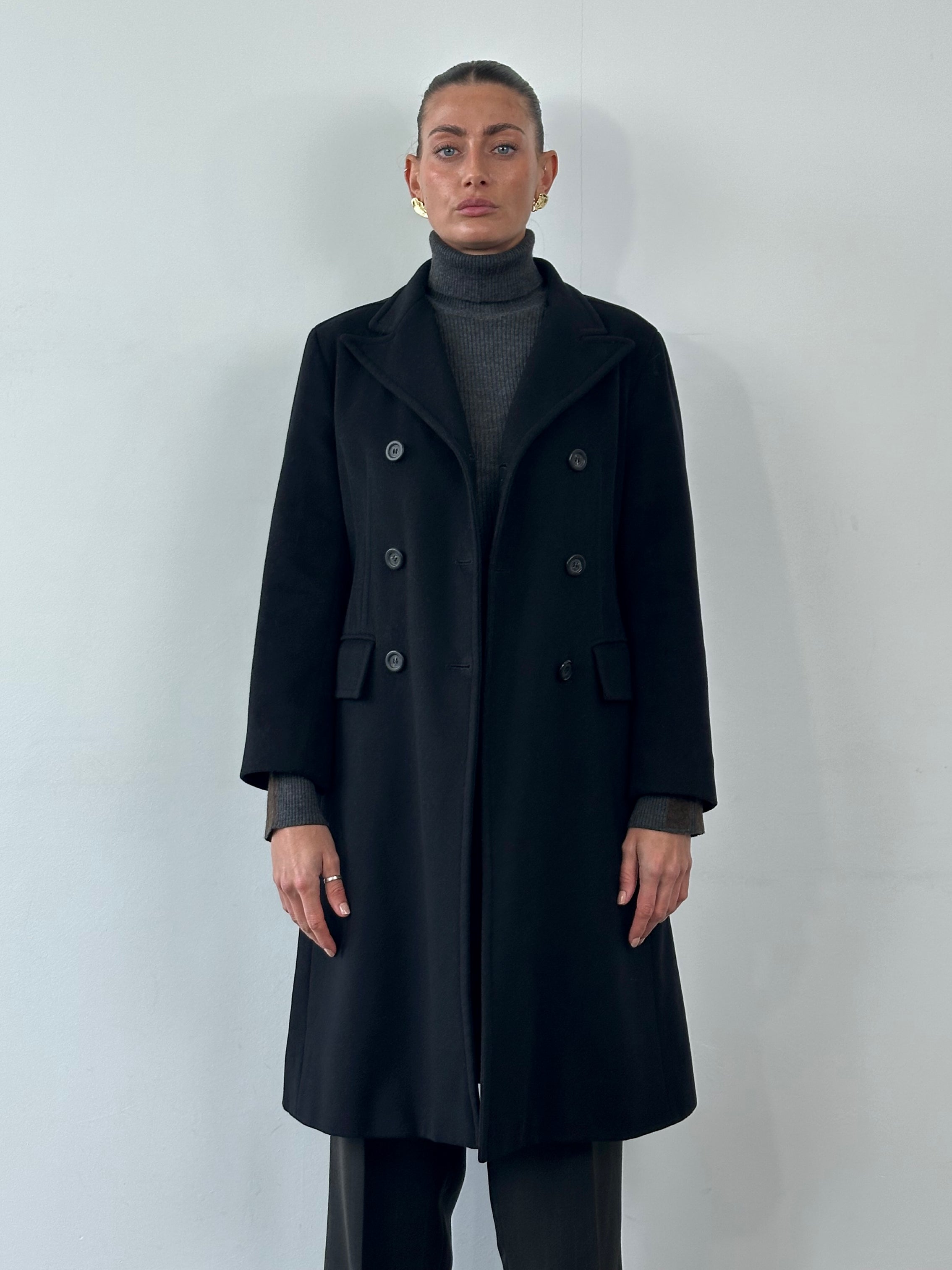 Max Mara Marella Virgin Wool Double Breasted Coat in S/M, shown on a hanger with front view and classic lapels.