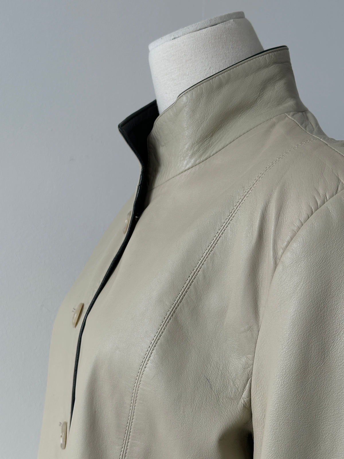 Vintage 1990s high neck leather jacket with contrast details, size medium, classic vintage leather outerwear.