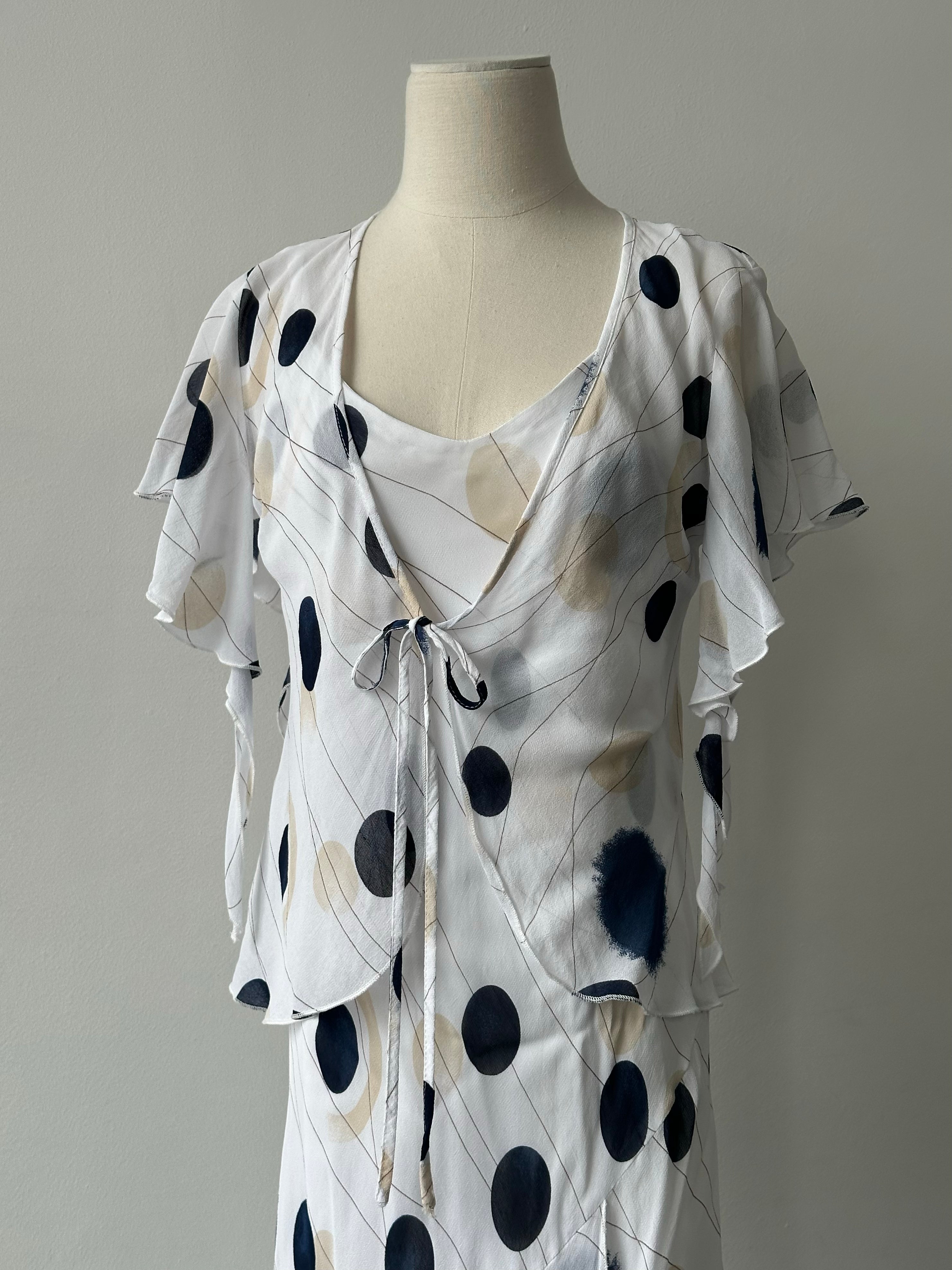 MANI 1990s spotted two-piece slip dress set, M/L, featuring a vintage style with a sleeveless top and matching skirt.