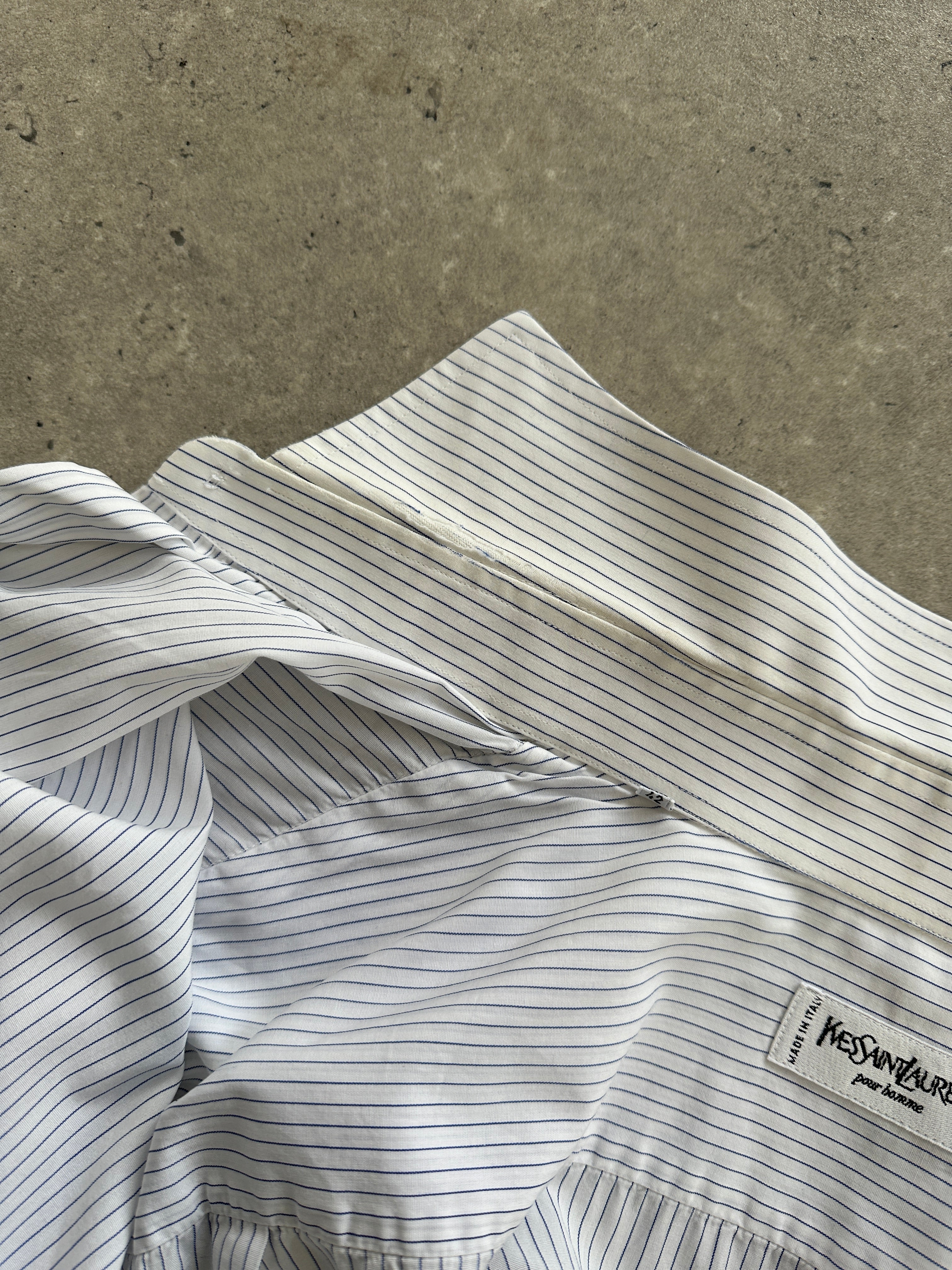 Yves Saint Laurent Pour Homme pinstripe cotton shirt in XL, featuring a classic collar, button-down front, and tailored fit.
