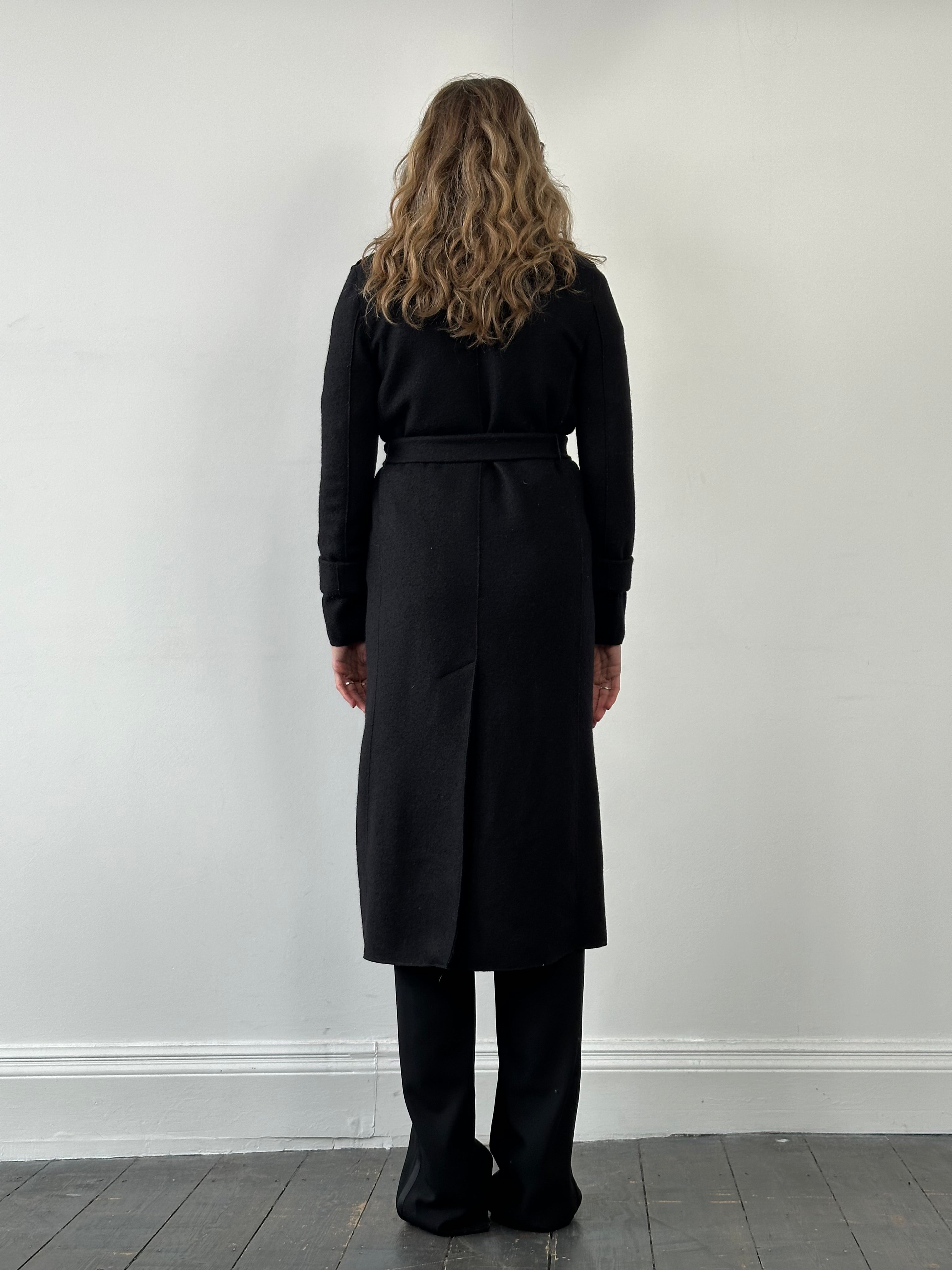 Marella Pure Virgin Wool double-faced belted coat in size S, featuring a classic design with a tailored fit and neutral color.