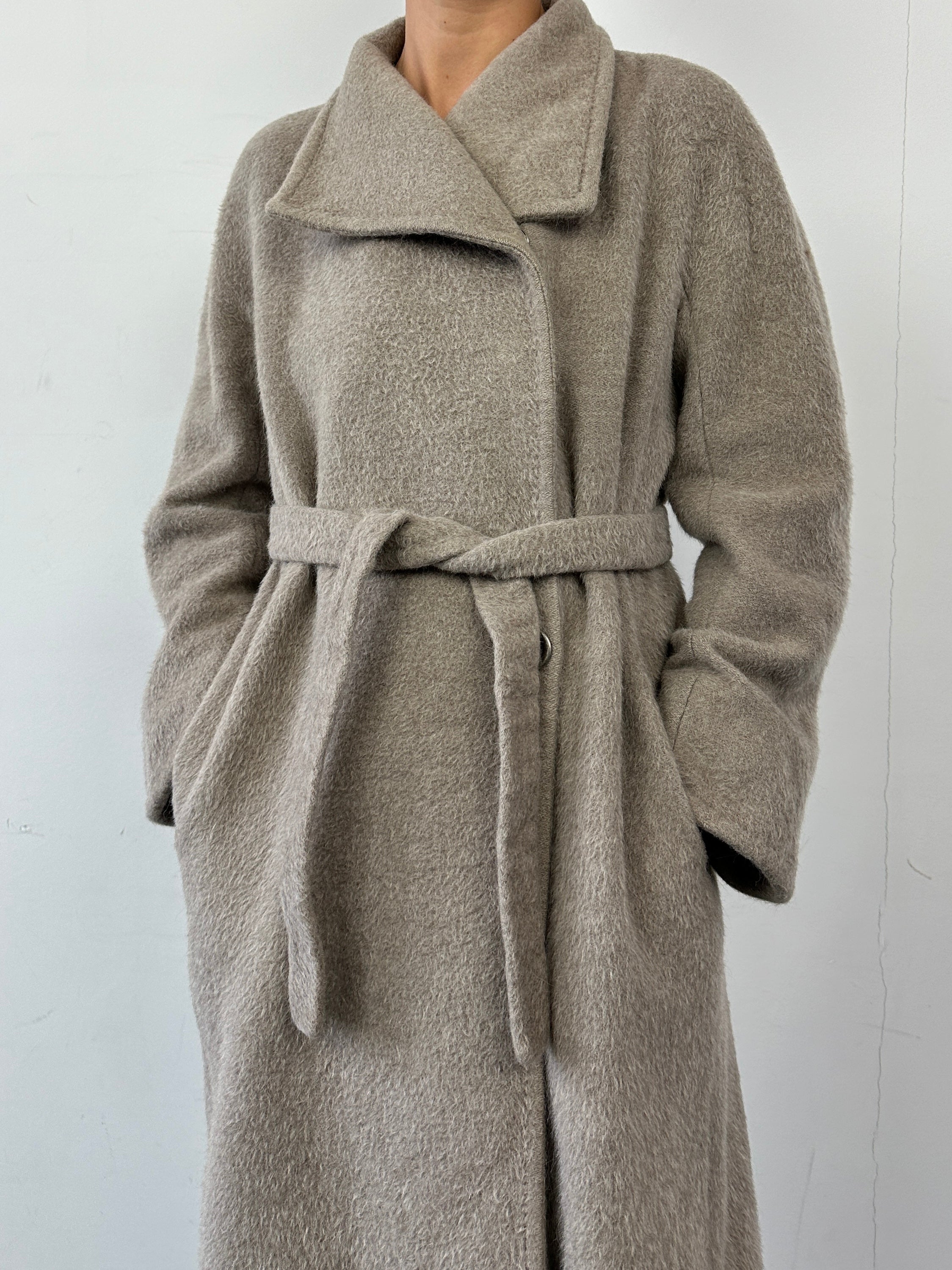 Max Mara alpaca wool belted wrap coat in S/M, featuring a stylish design with a belt and cozy fabric, displayed on a neutral background.
