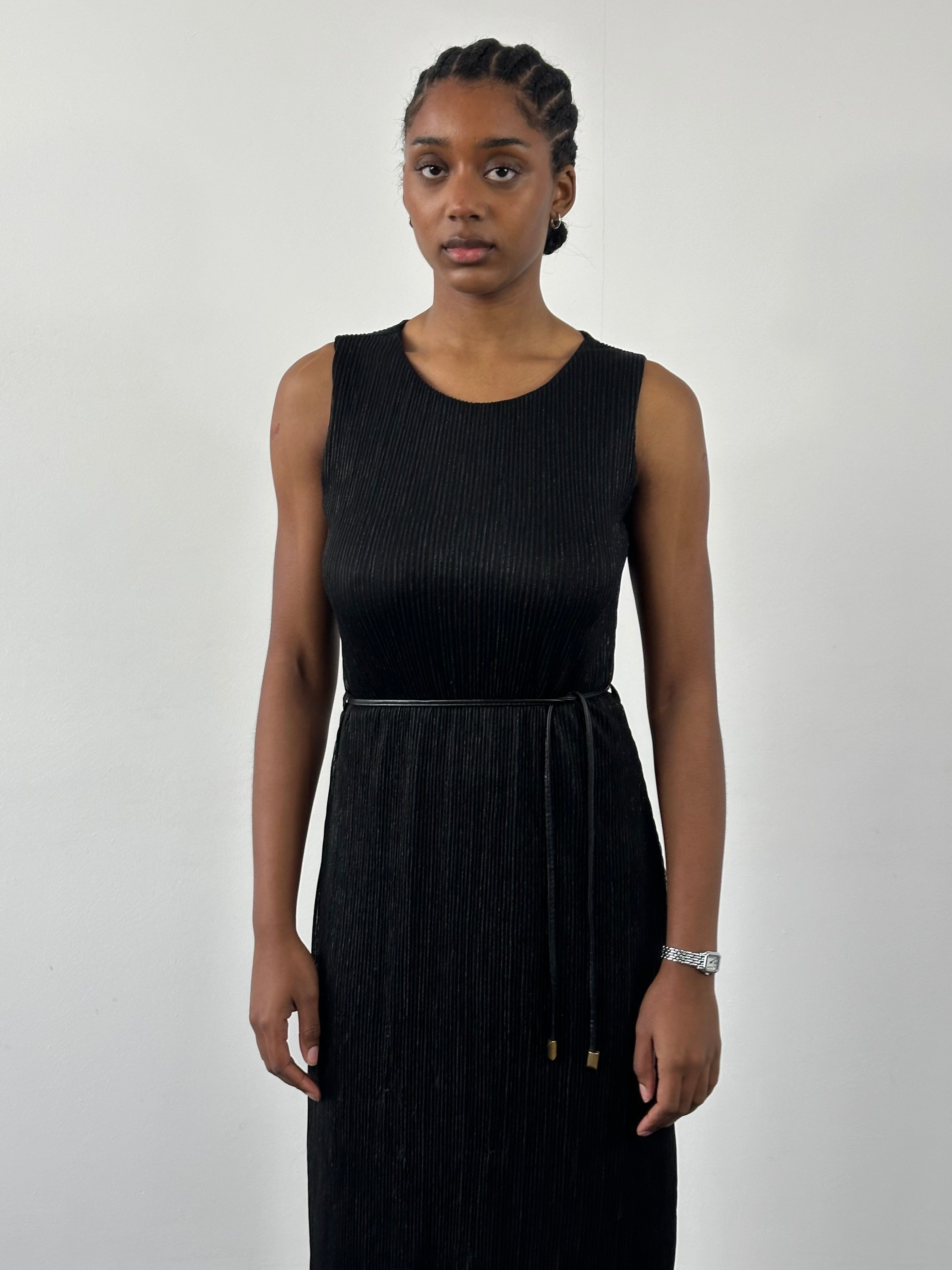 Italian vintage 1990s ribbed metallic rope tie dress in size small, featuring a fitted silhouette with shimmering metallic fabric.