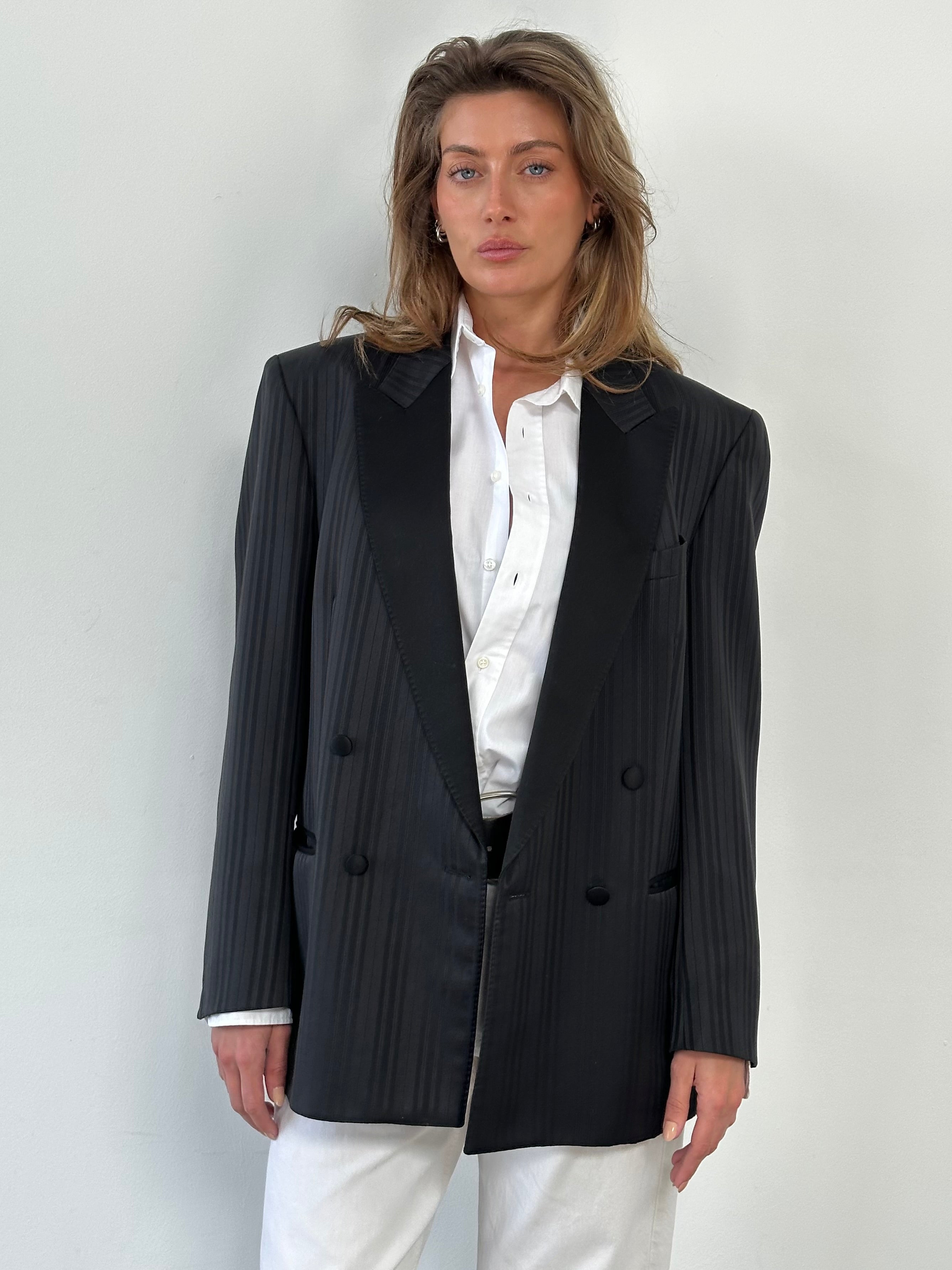 Vintage 1990s Double Breasted Striped Tuxedo Blazer - L