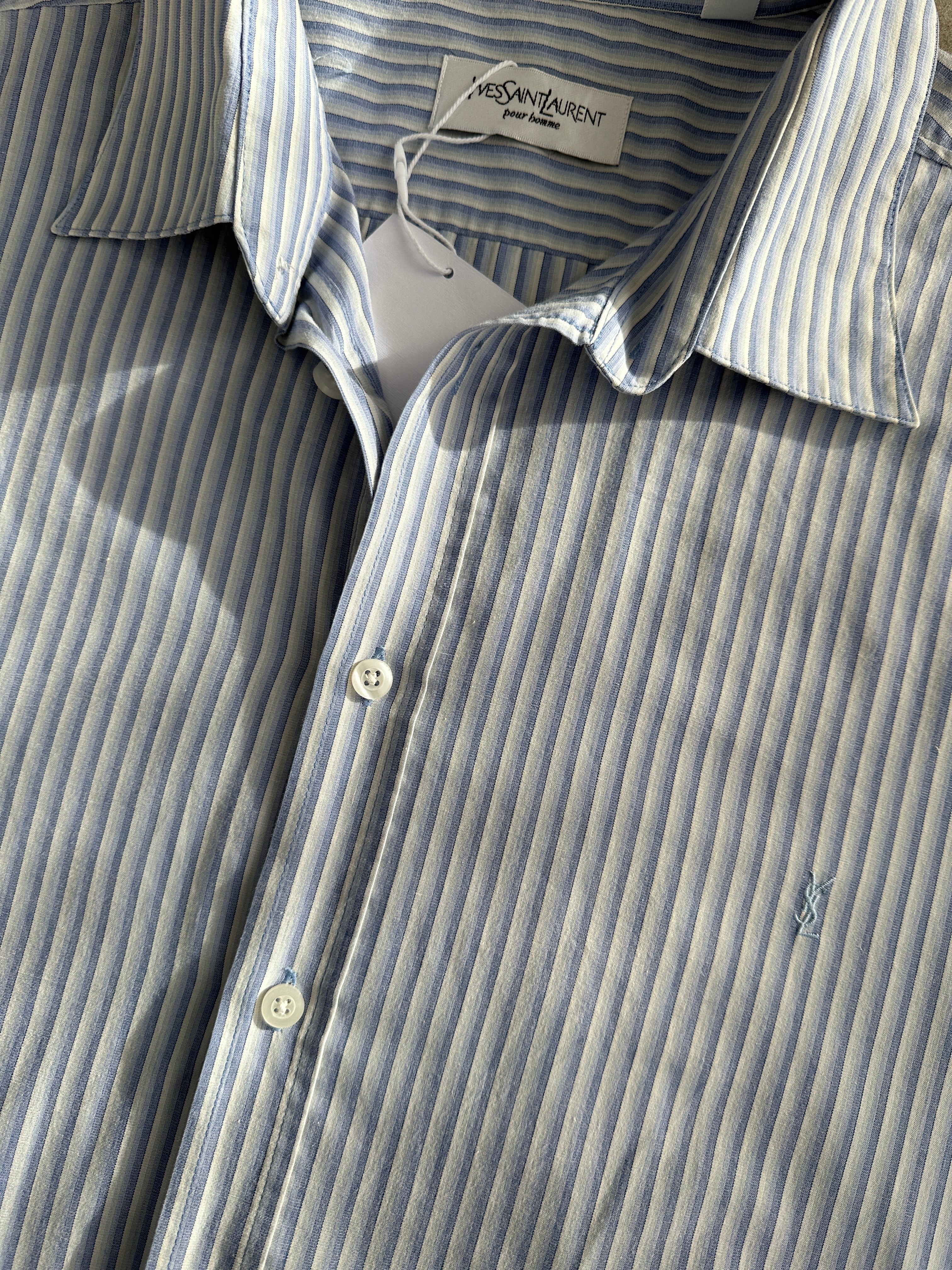 Yves Saint Laurent Pour Homme cotton pinstripe logo shirt in XXL, featuring classic pinstripes and the YSL logo on the chest.
