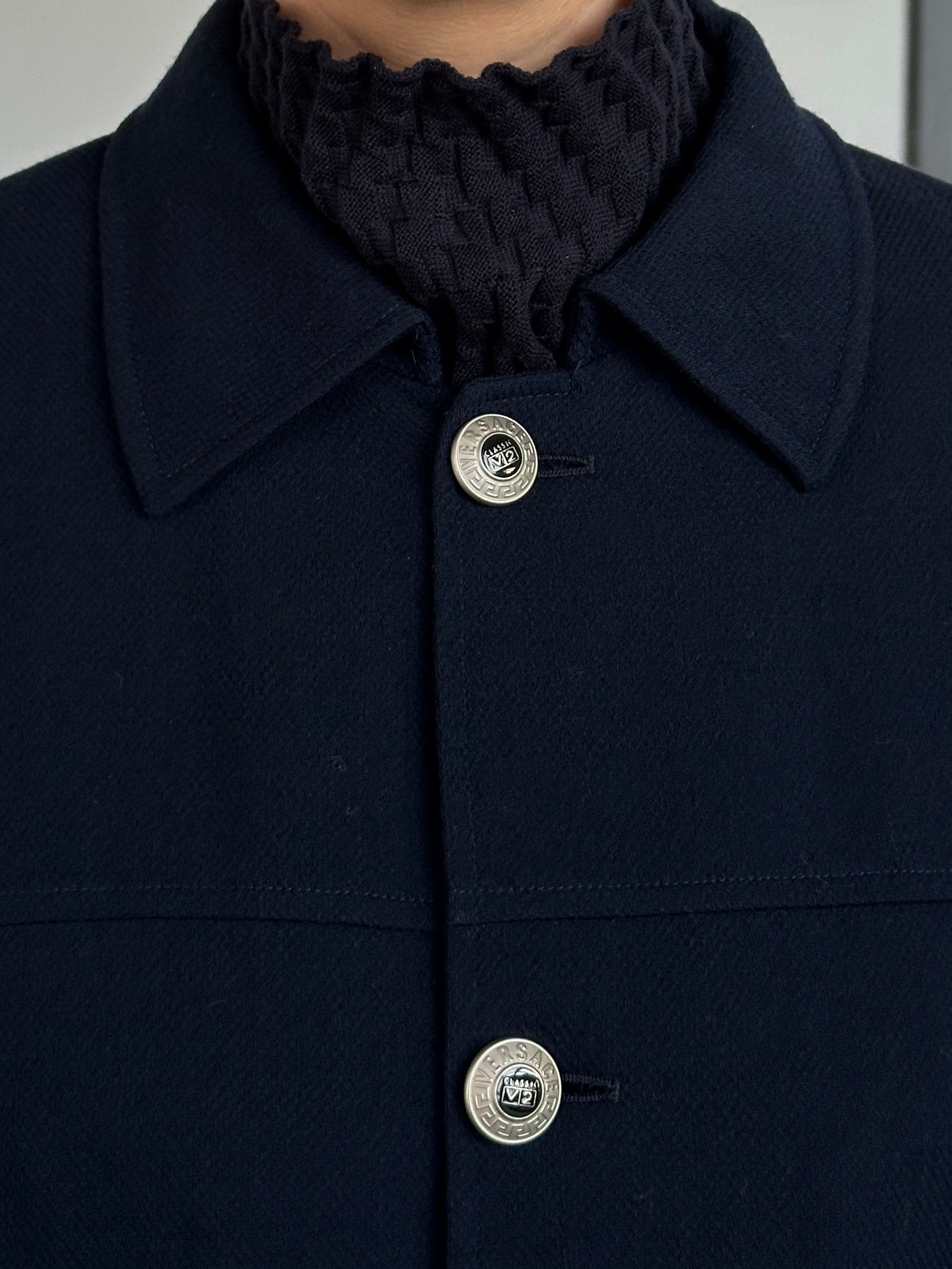Versace Classic V2 1990s bespoke pure wool chore jacket in size L, featuring button details and a tailored fit.