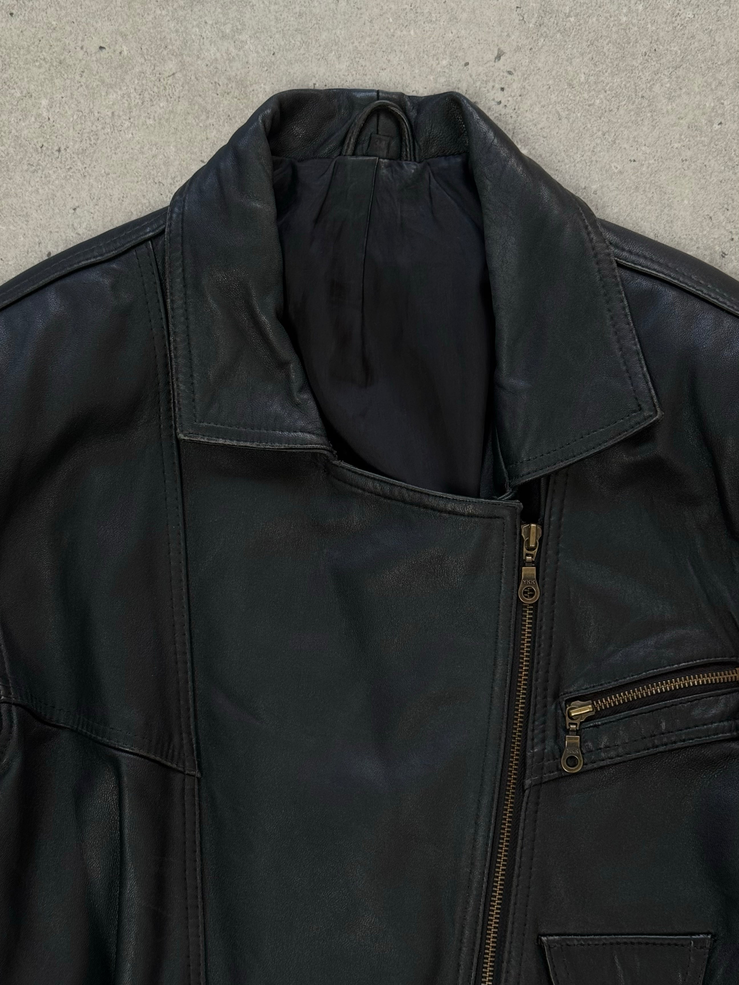 Vintage 1990s leather belted jacket with classic design, brown leather, and stylish fit, displayed on a hanger.