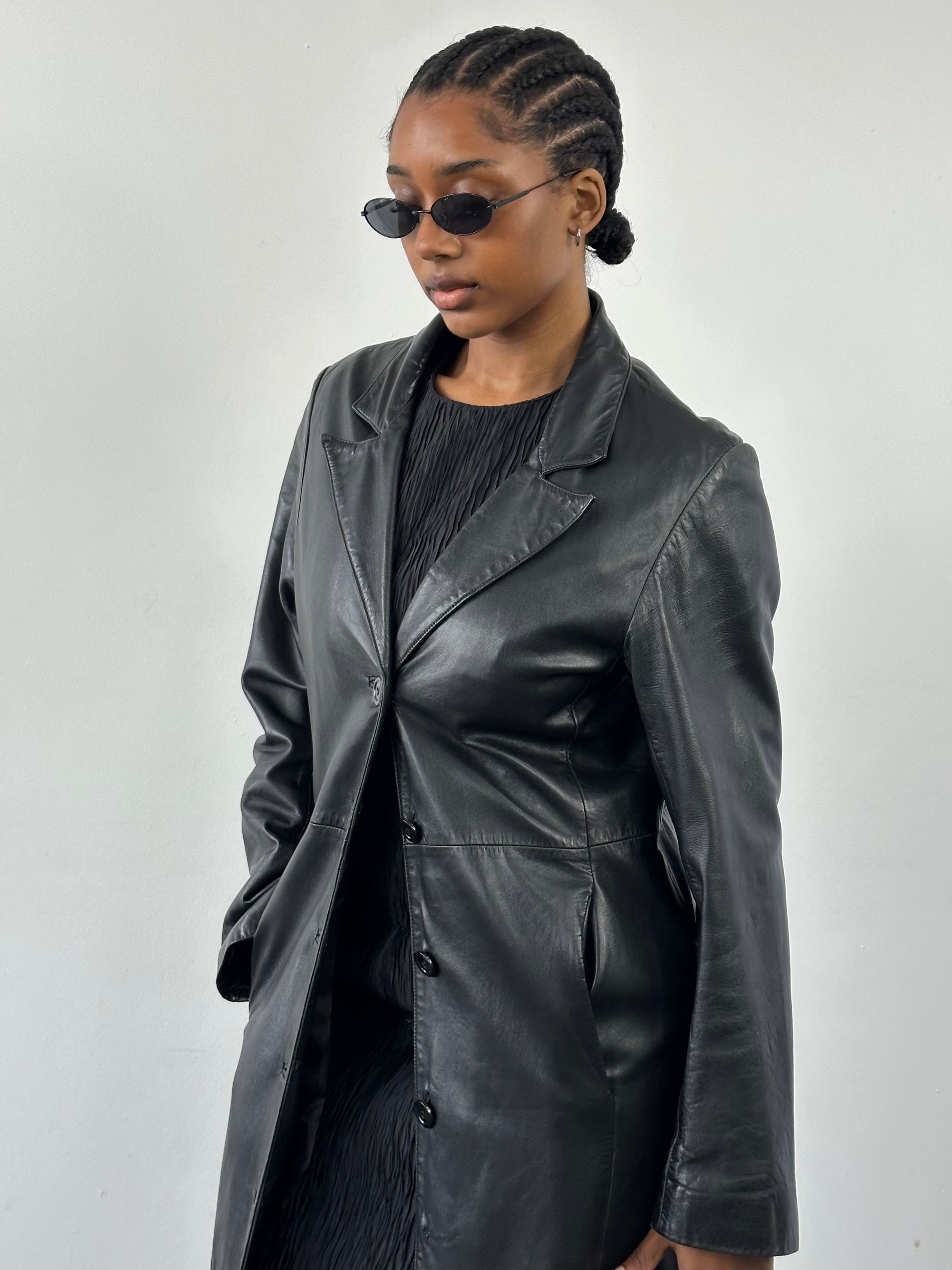 Vintage 1990s leather trench coat, floor length, S/M, classic leather jacket with wide lapels and belt, in rich brown leather.