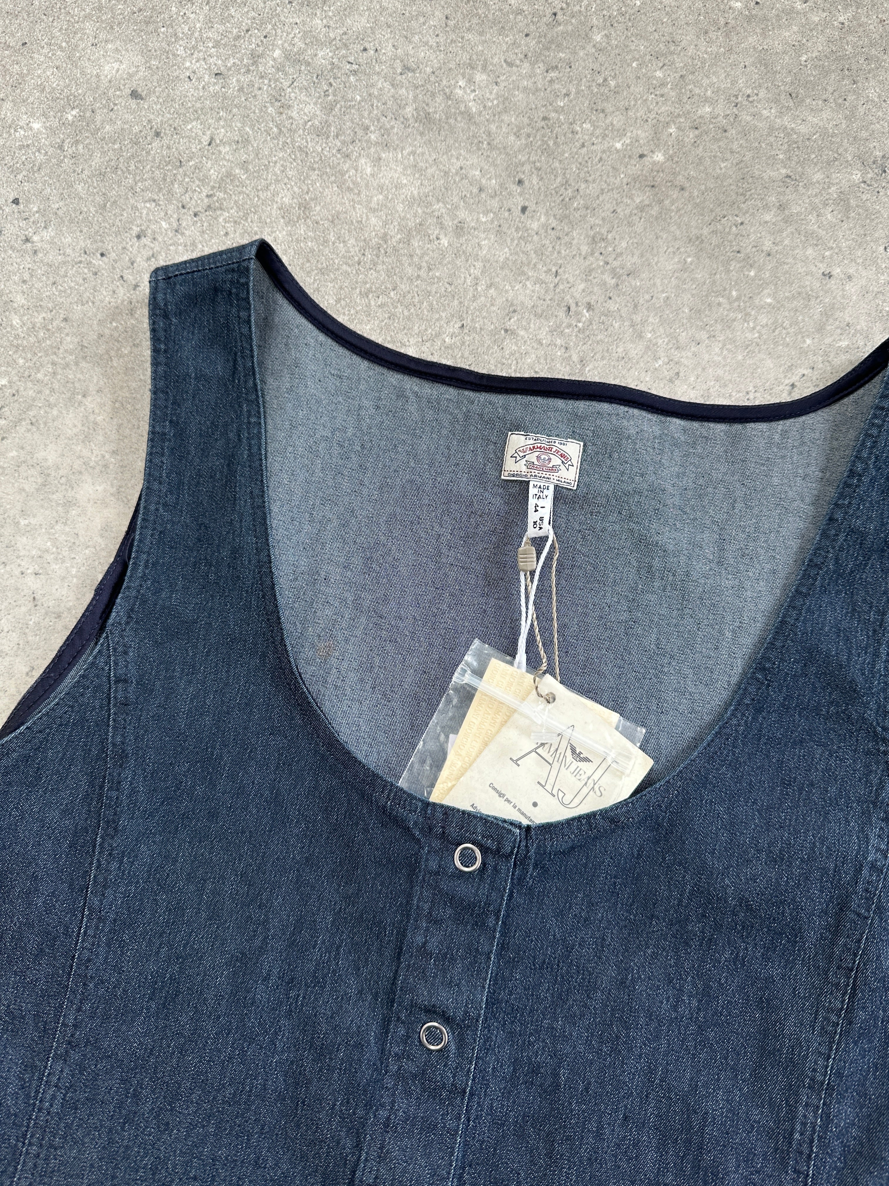 Armani Jeans denim vest top in size S/M, featuring classic blue denim fabric and sleeveless design, casual fashion style.