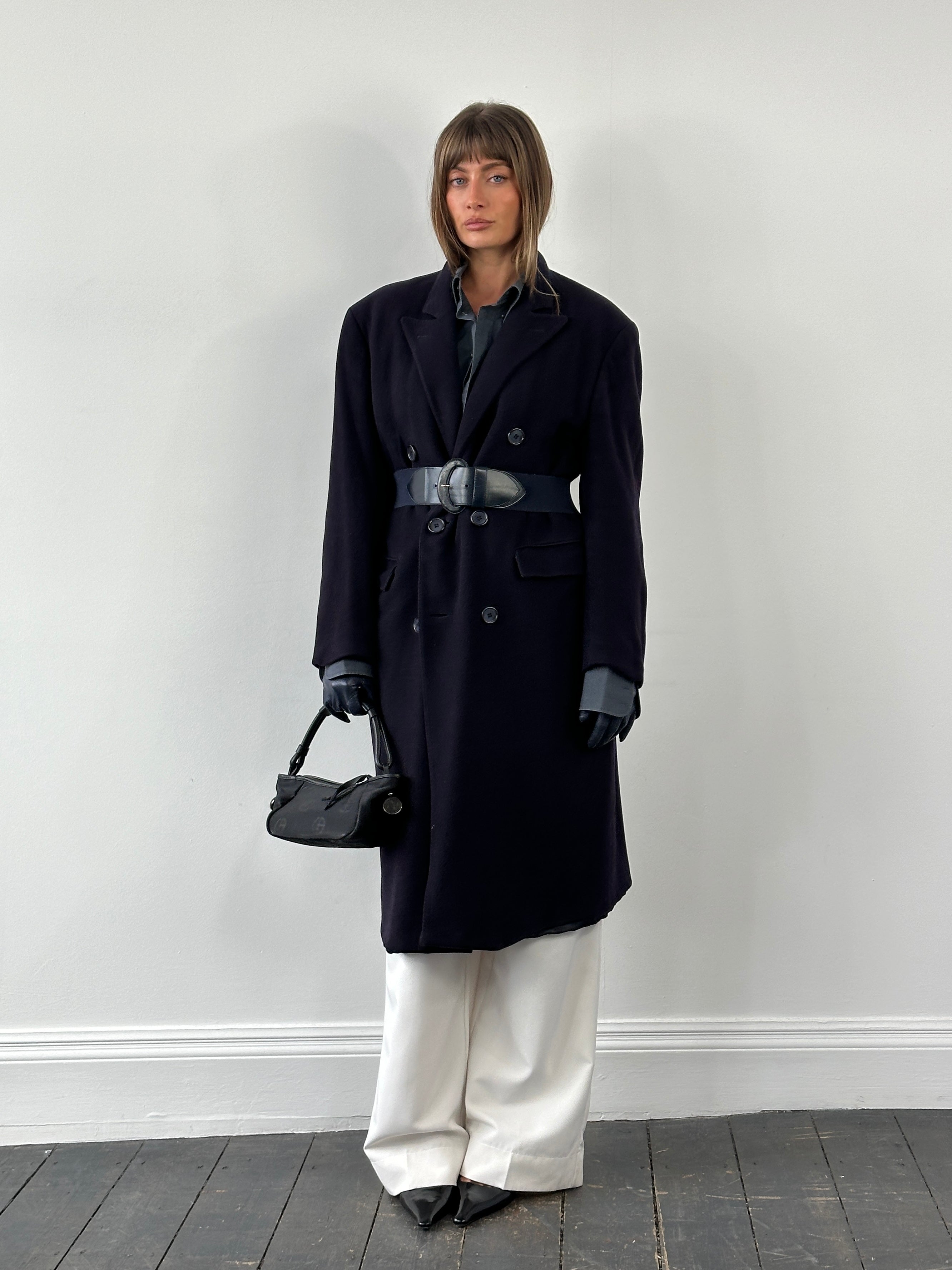 Vintage Harrods x Berwin & Berwin 1980s pure cashmere double-breasted coat in XL, shown in beige with classic tailored design.