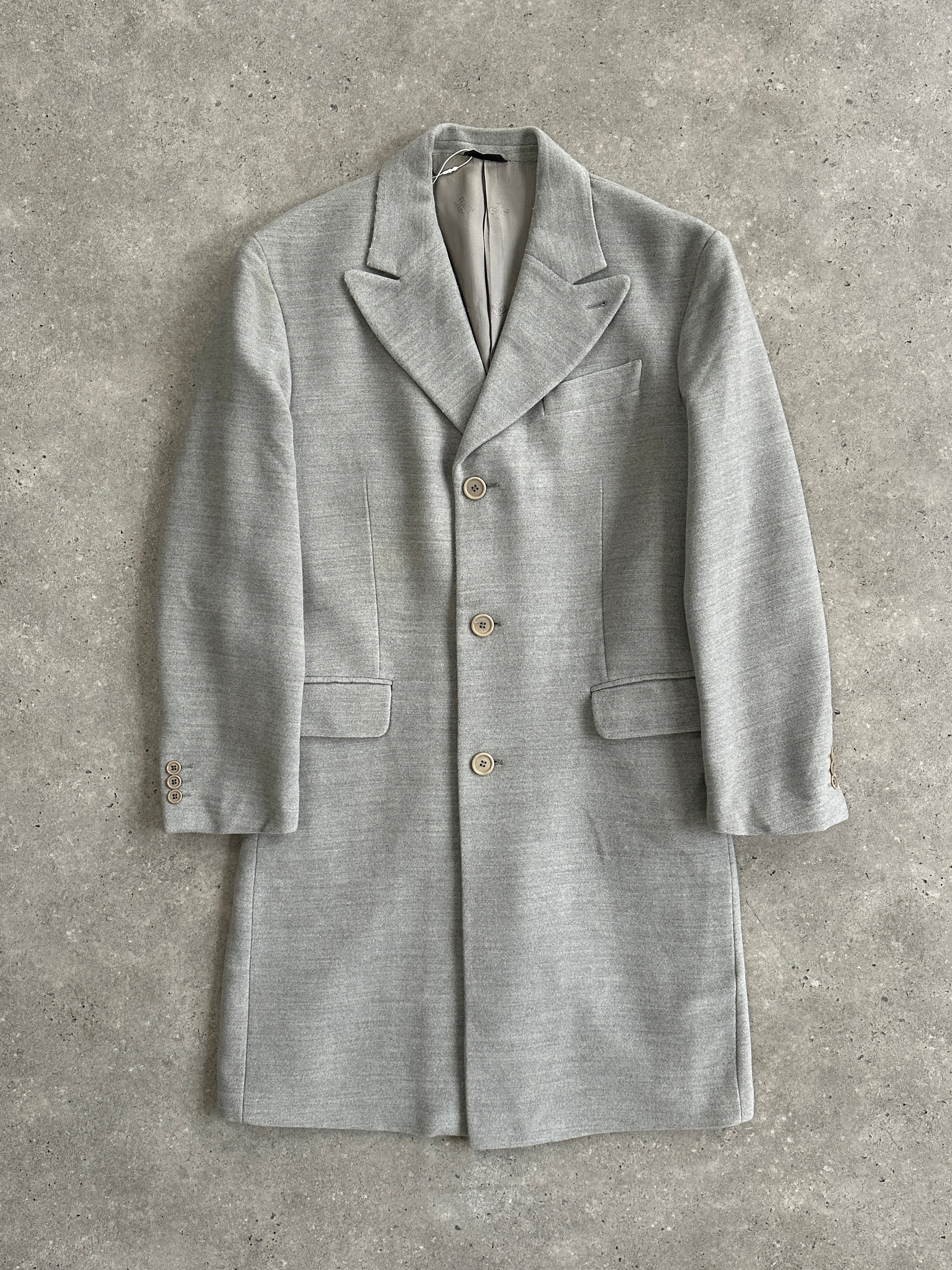Gianfranco Ferre 1990s wool single-breasted coat in size L, featuring classic tailored style and neutral fabric in a full-length view.