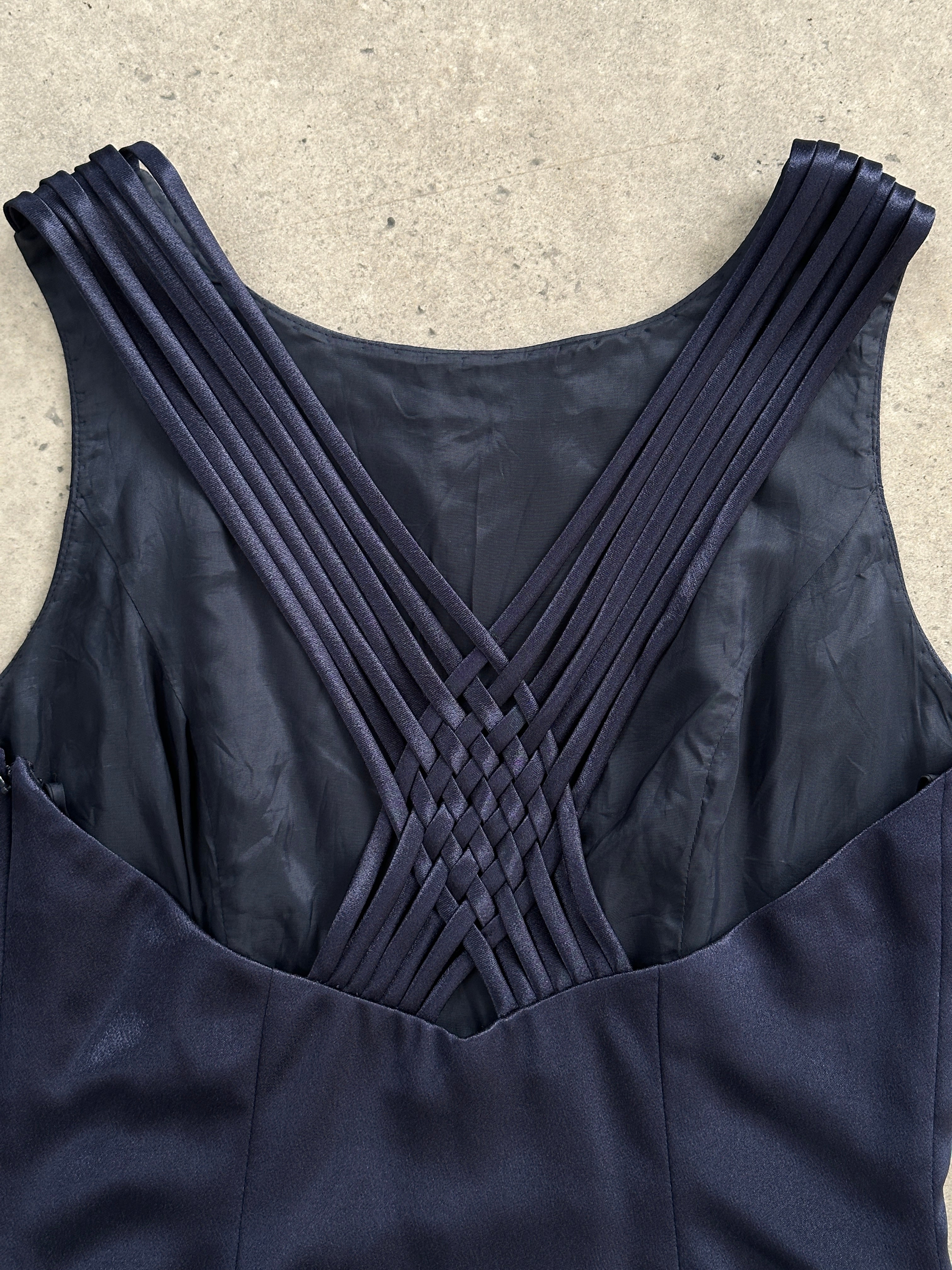 Elegant vintage satin maxi dress with cross back design, size small, featuring flowing fabric and classic style.
