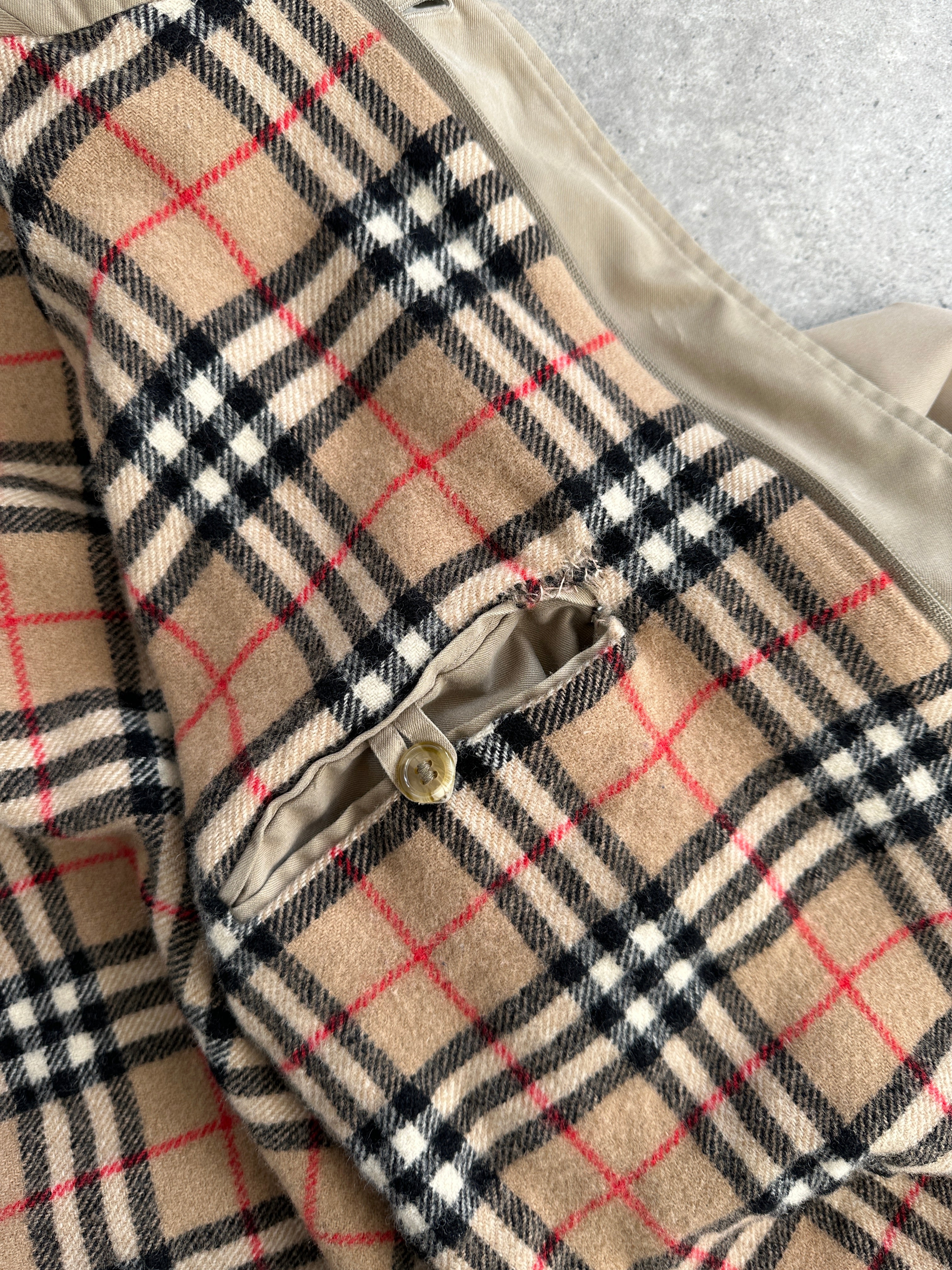 Burberry Nova Check bomber jacket in size large, featuring signature check pattern and classic bomber style.