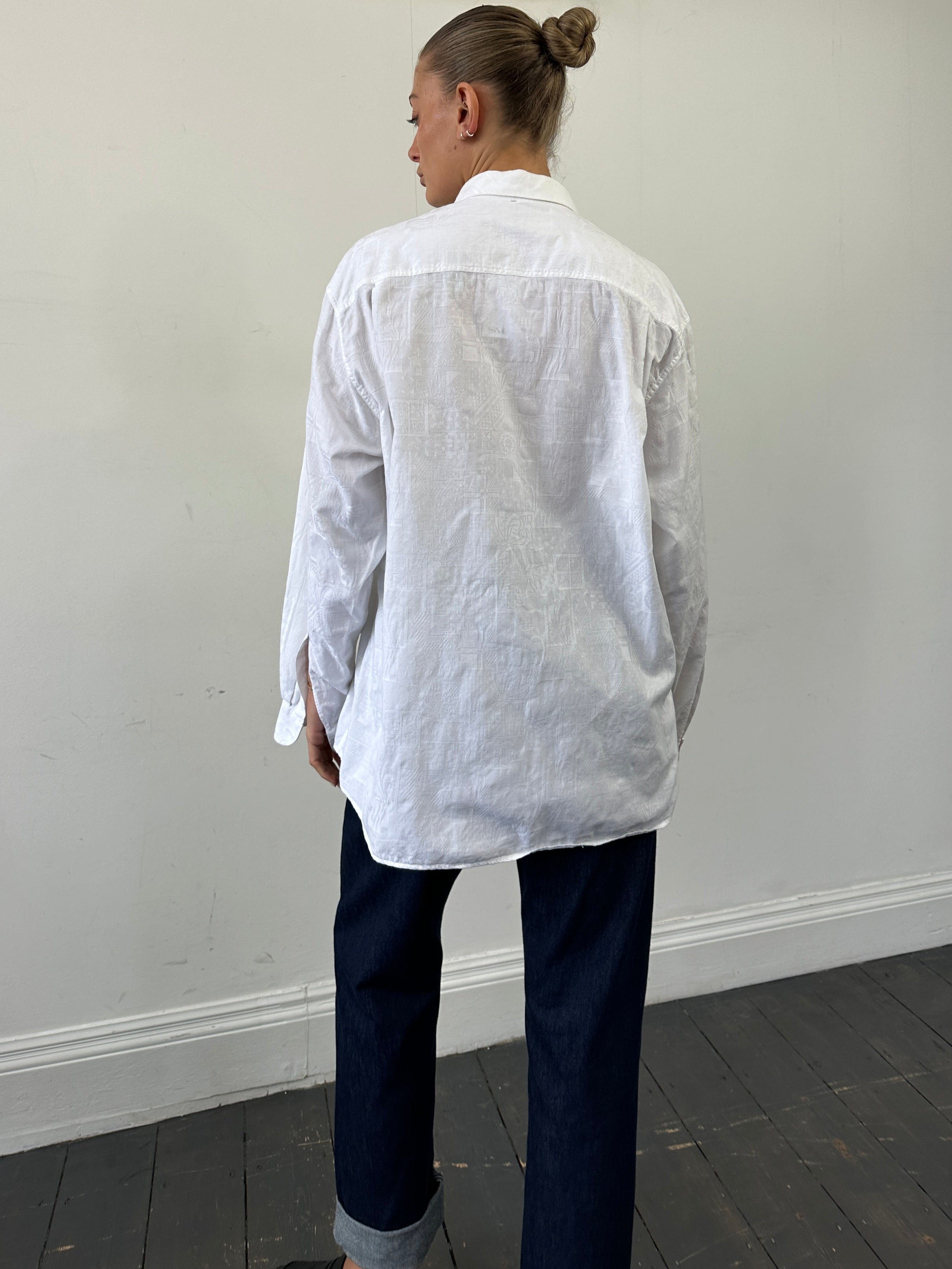 Vintage embroidery cotton shirt in XL, featuring intricate vintage-style embroidery and a relaxed fit.