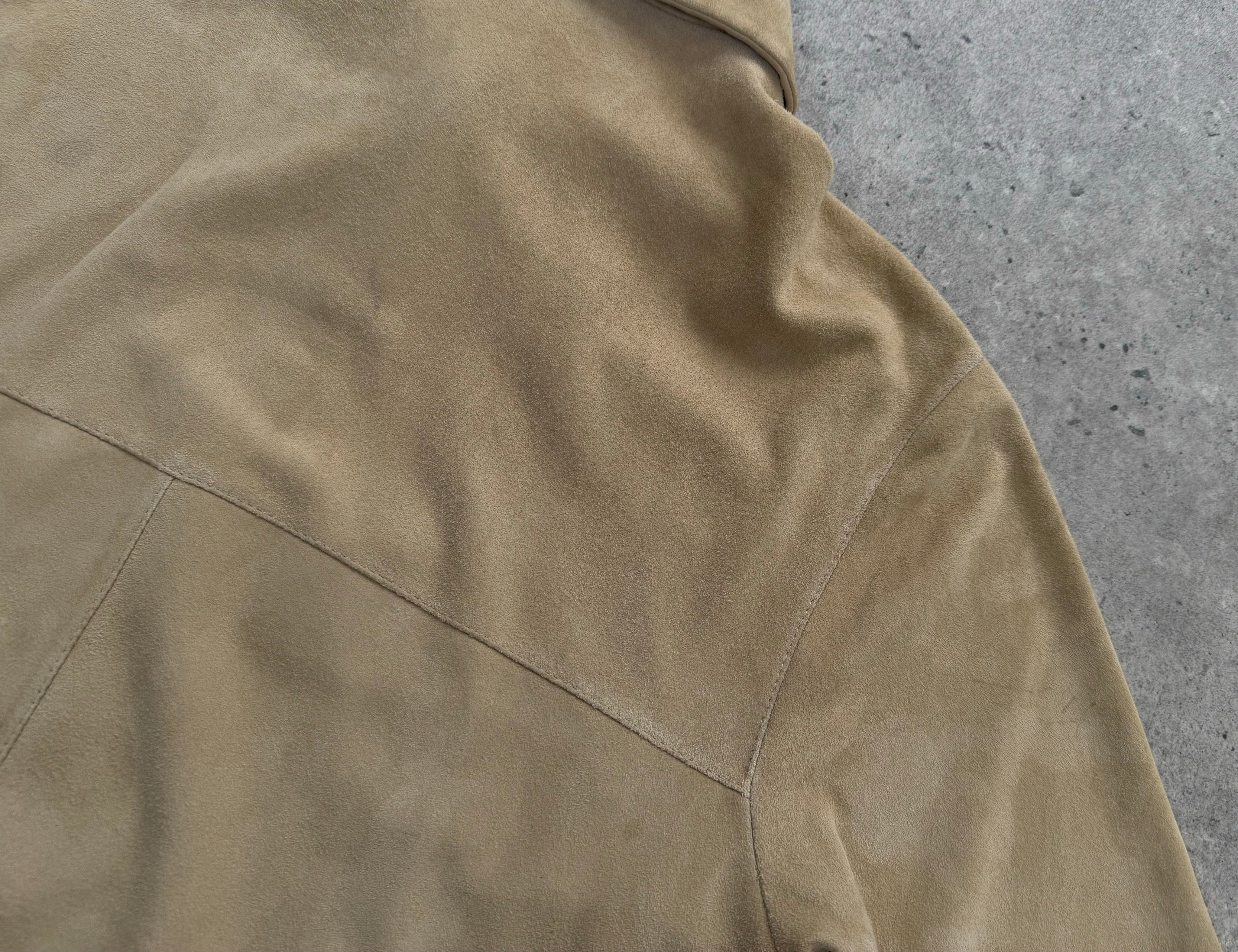 Marella 1990s suede minimal shirt in beige, featuring a classic collar and long sleeves, displayed flat on a neutral background.
