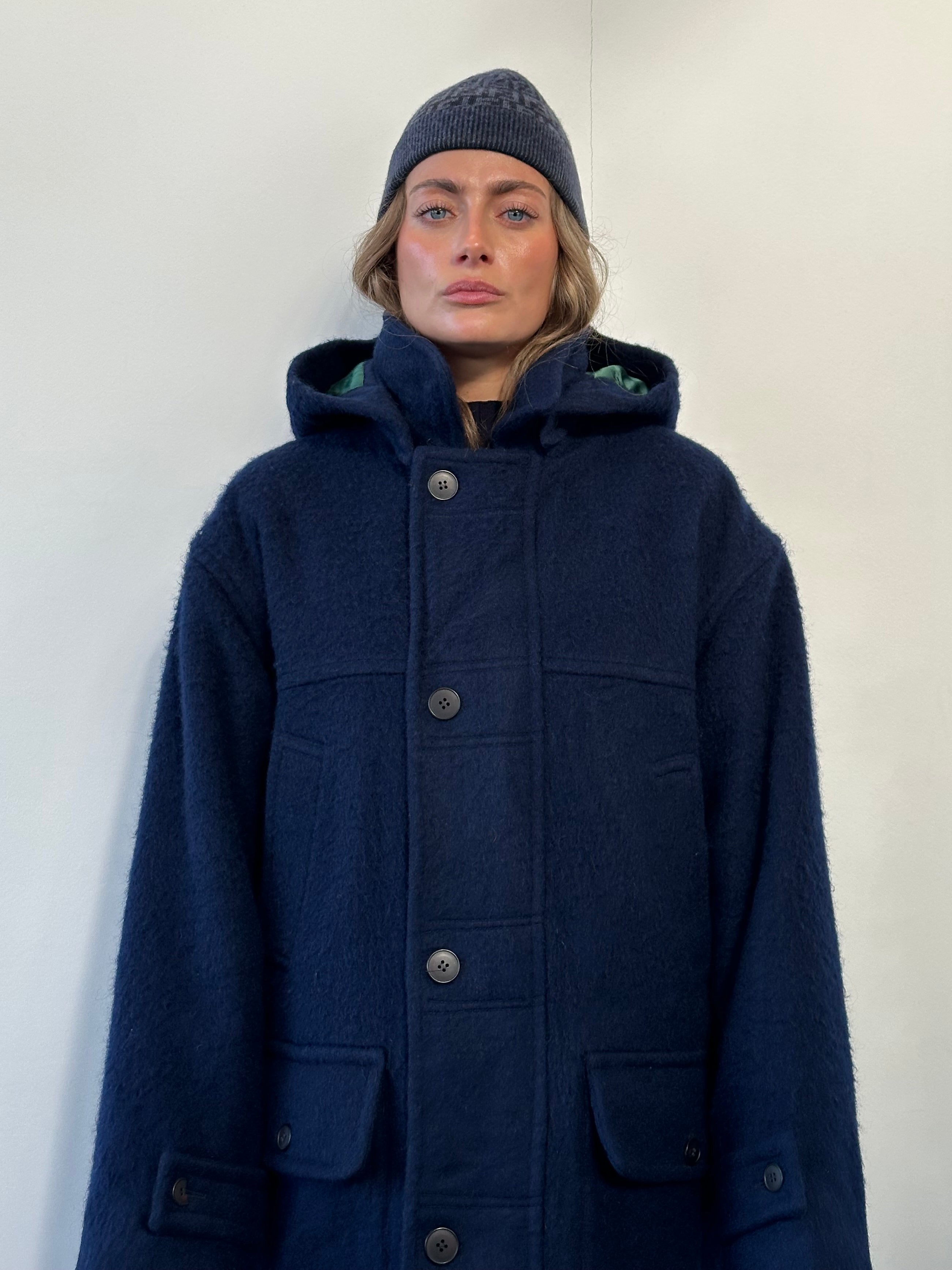 Yves Saint Laurent 1980s pure wool hooded coat in XL/XXL, black with a large hood and classic tailored design.