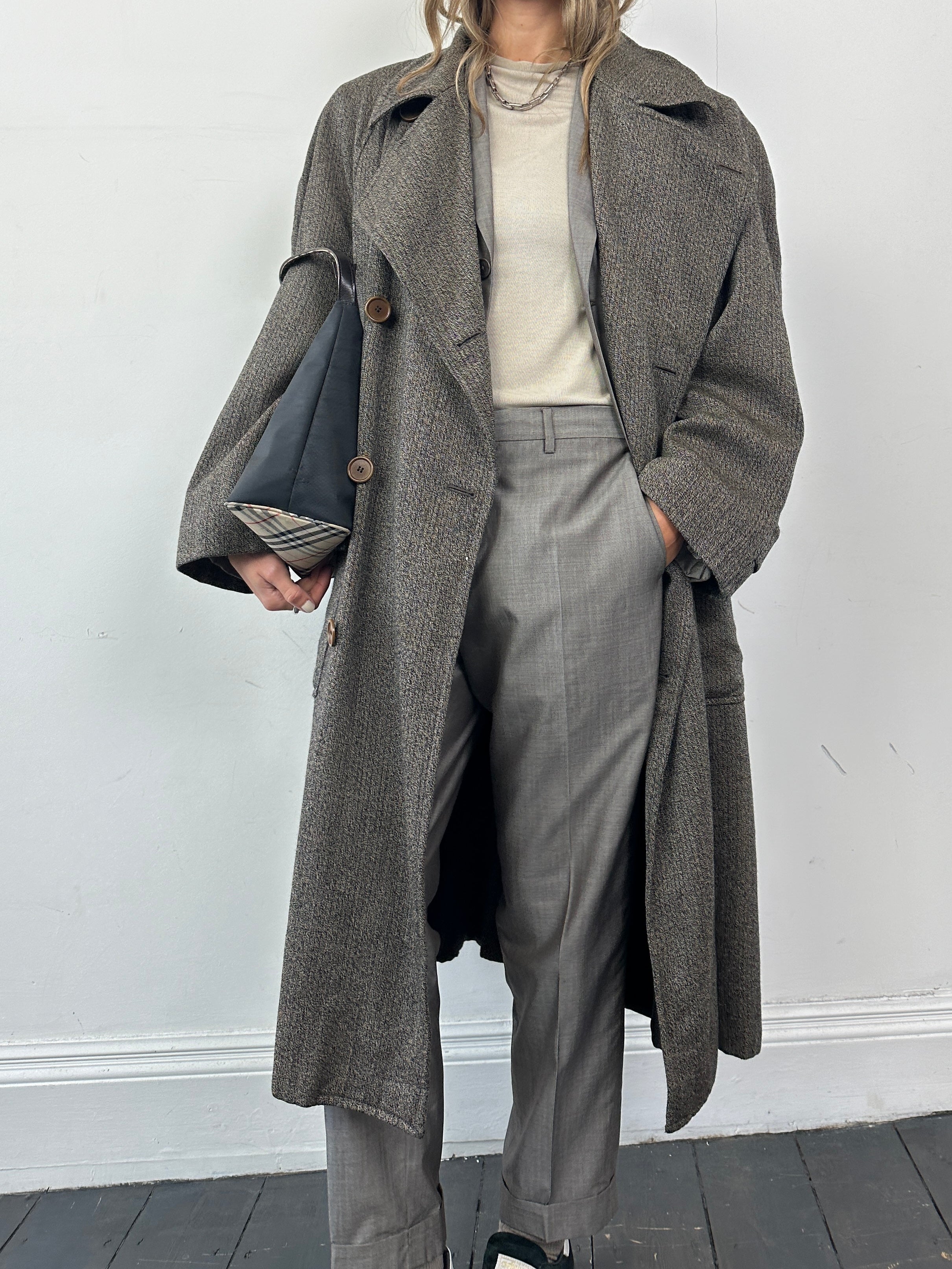 Gianfranco Ferre wool cashmere double-breasted belted trench coat in XL, shown on a hanger with classic design and neutral color.