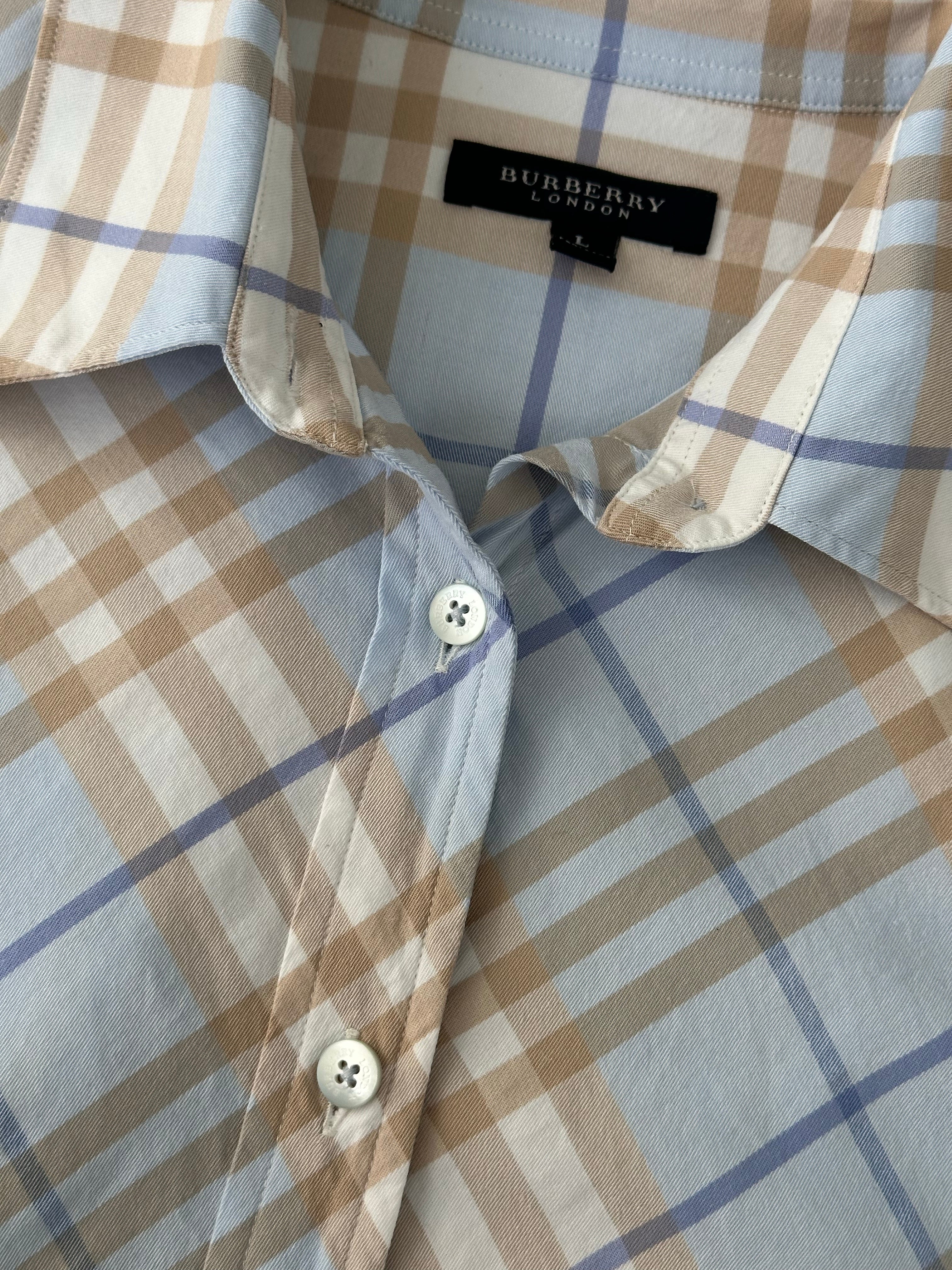 Burberry London 2000s cotton check shirt in size S, featuring classic plaid pattern and button-down style.