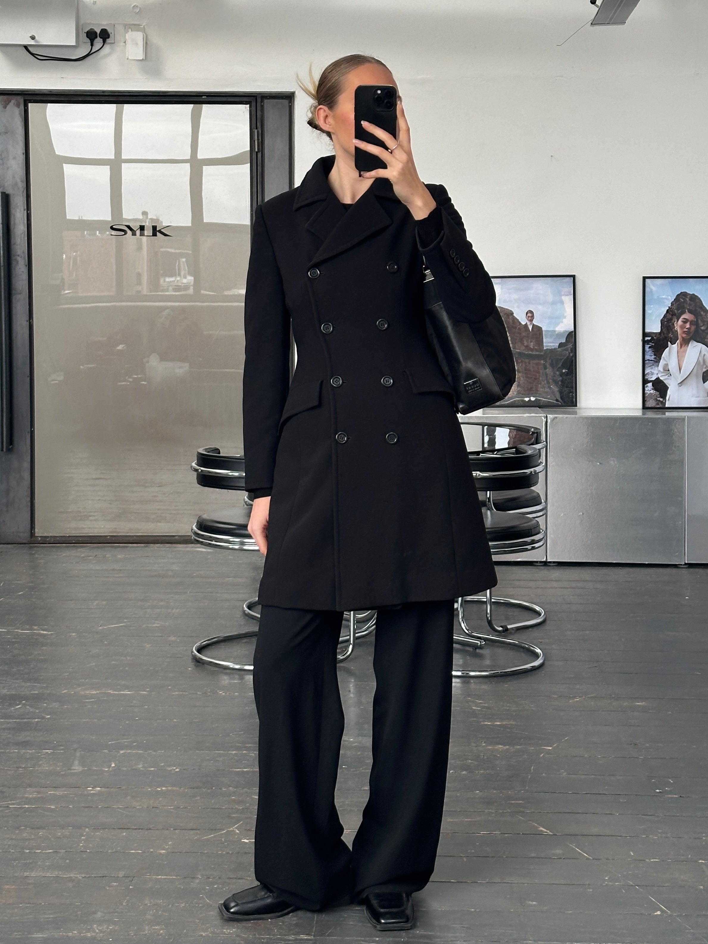 Marella 2000s pure wool double-breasted tailored coat in size S, shown on a hanger with classic lapels and button details.