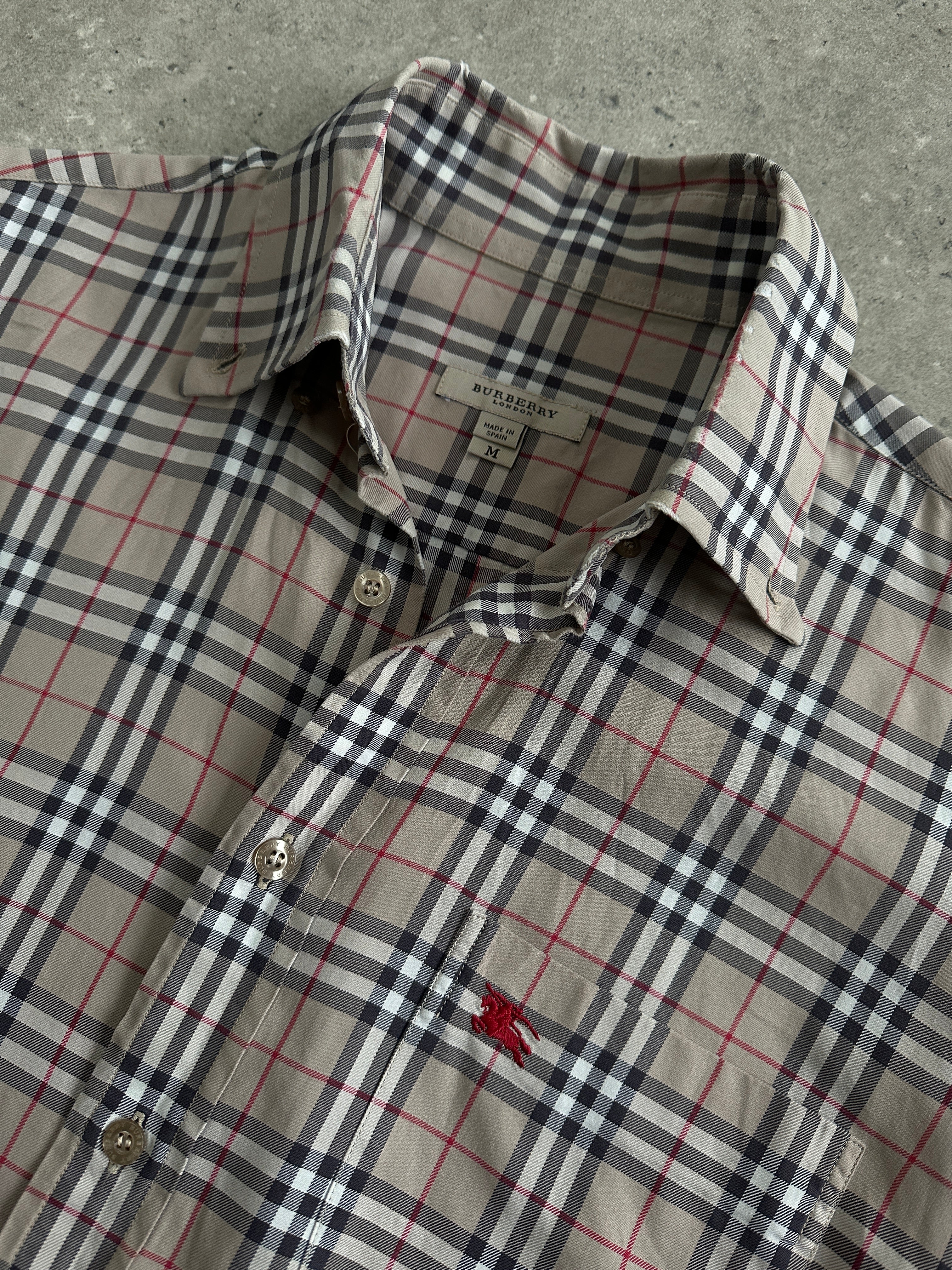 Burberry London Nova Check pure cotton shirt in size large, featuring classic check pattern, long sleeves, and button front.