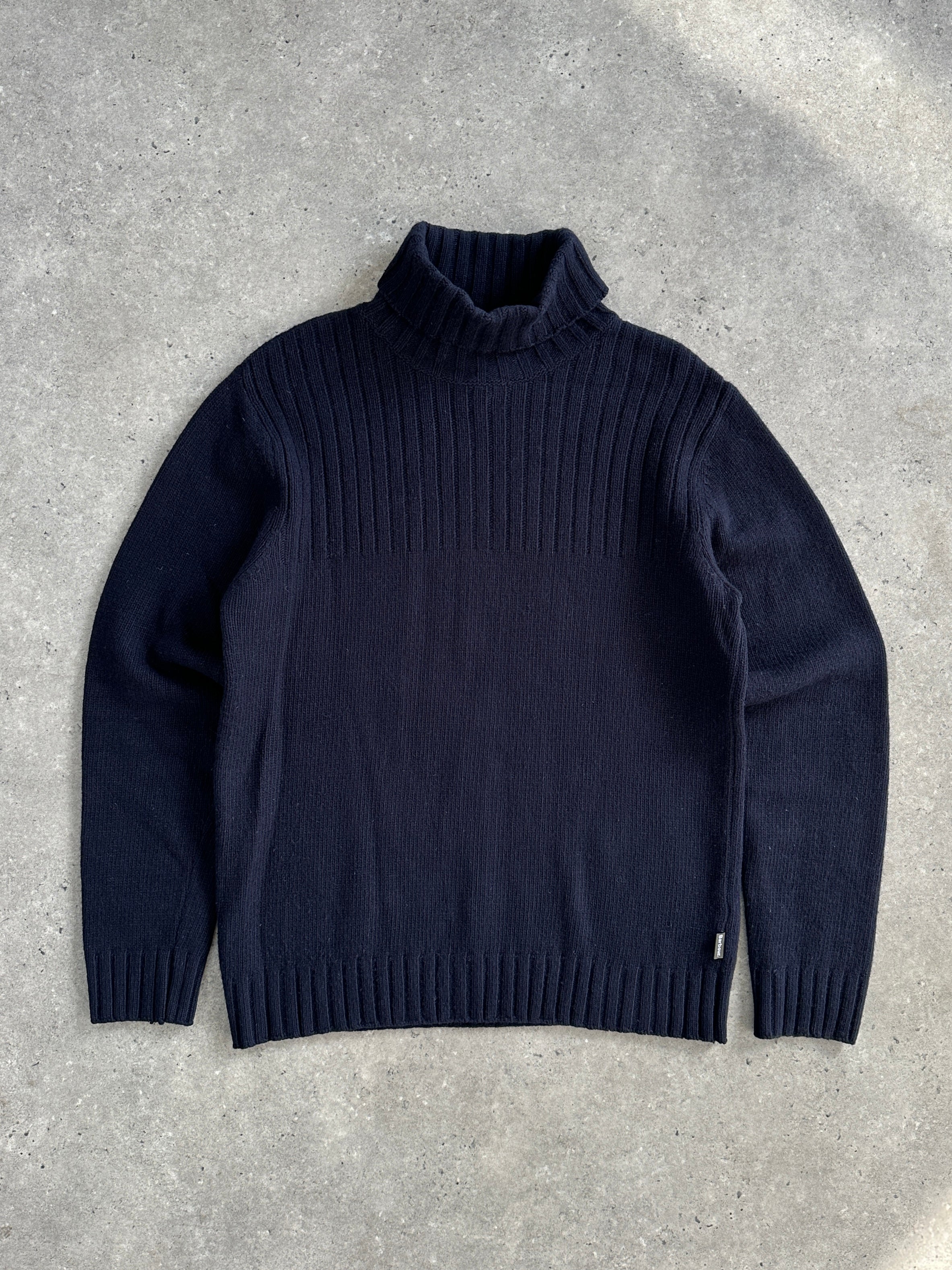 Barbour Pure Wool Roll Neck Jumper in size M, shown in a cozy, navy blue wool knit with a high turtleneck collar