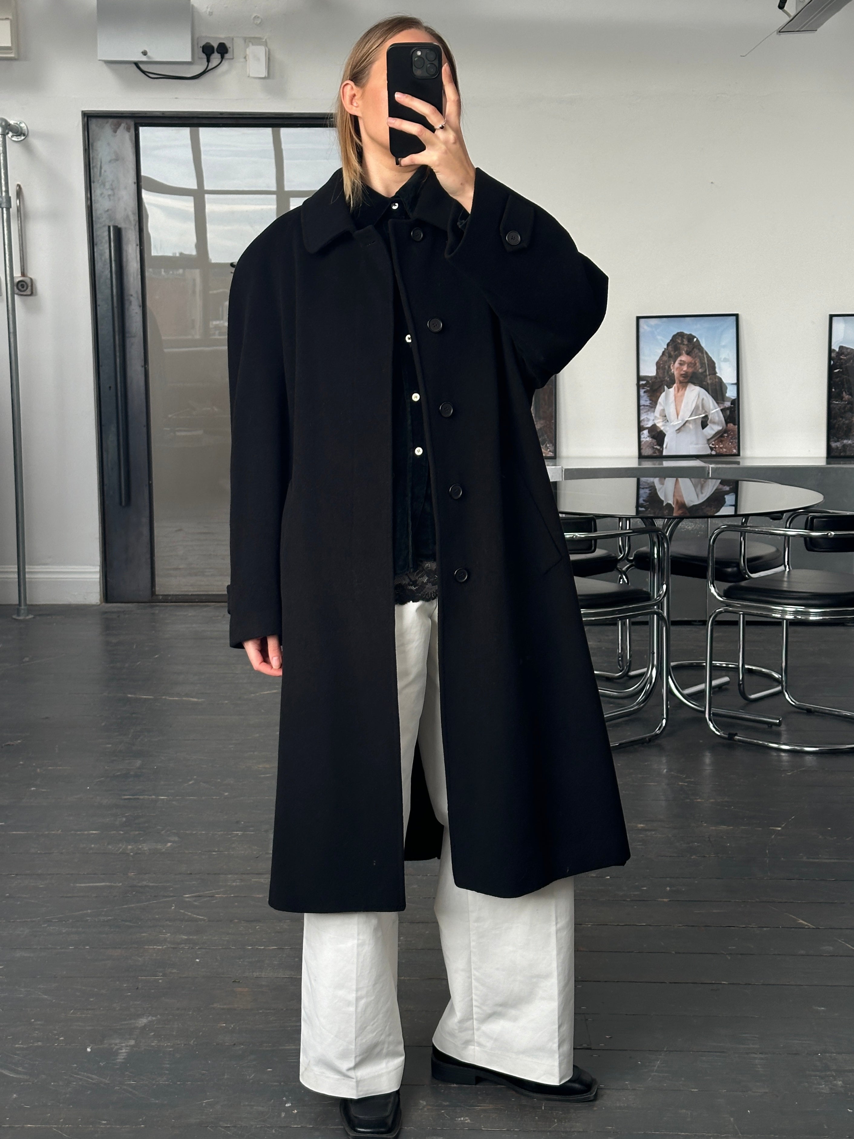 Italian vintage 1990s wool cashmere belted coat, size XL, with classic style and warm fabric, displayed on a hanger.