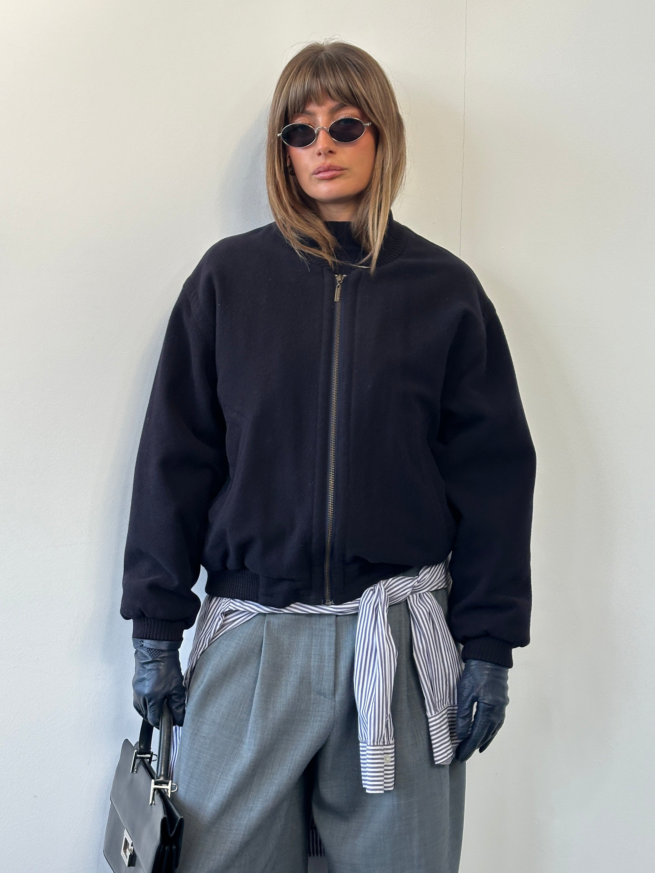 St Michael 1980s pure wool bomber jacket in size large, navy blue with ribbed collar and cuffs, vintage style outerwear.