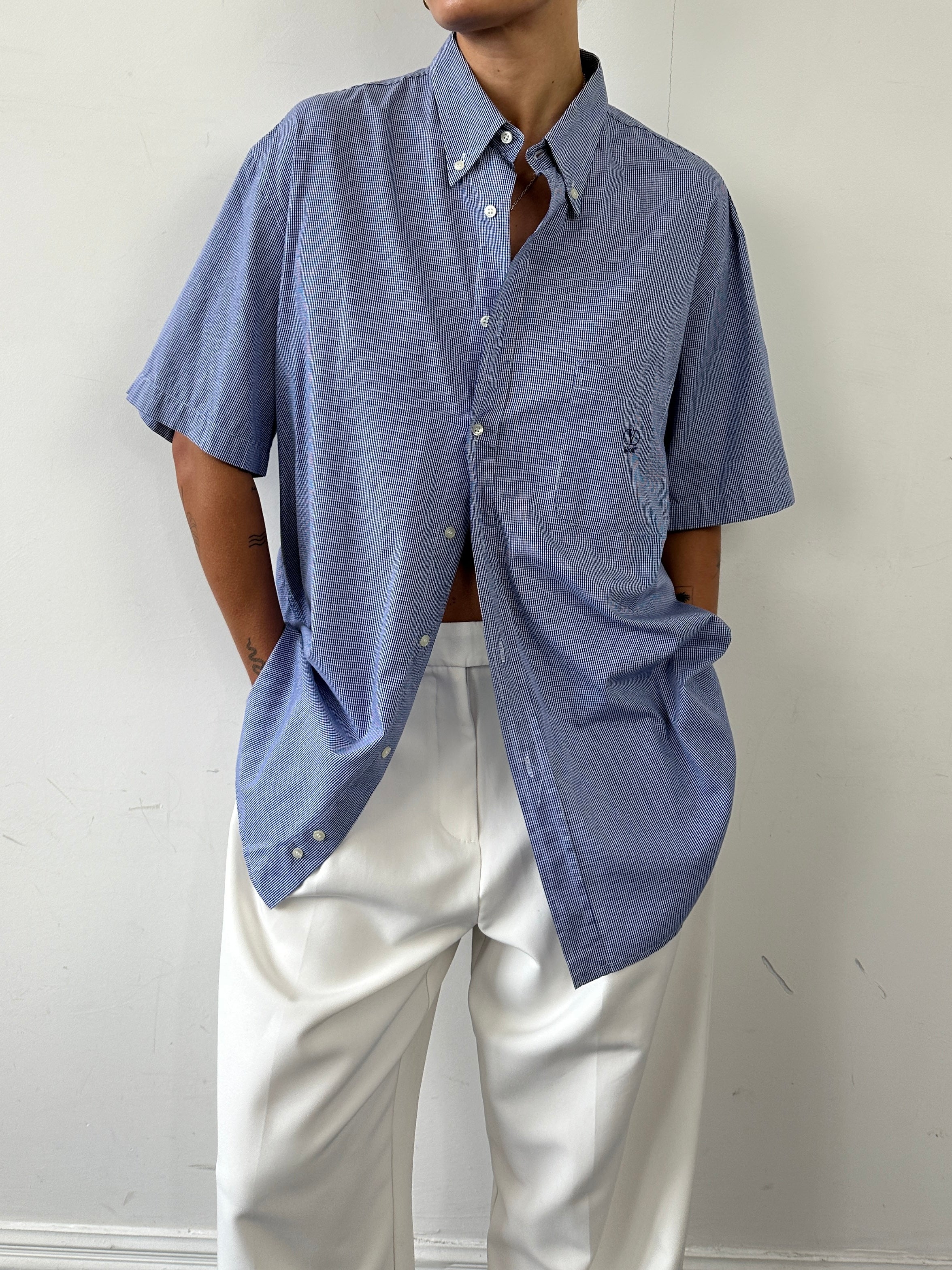 Valentino Sport Gingham Pure Cotton Short Sleeve Shirt in XL/XXL, featuring classic gingham pattern and logo detail.