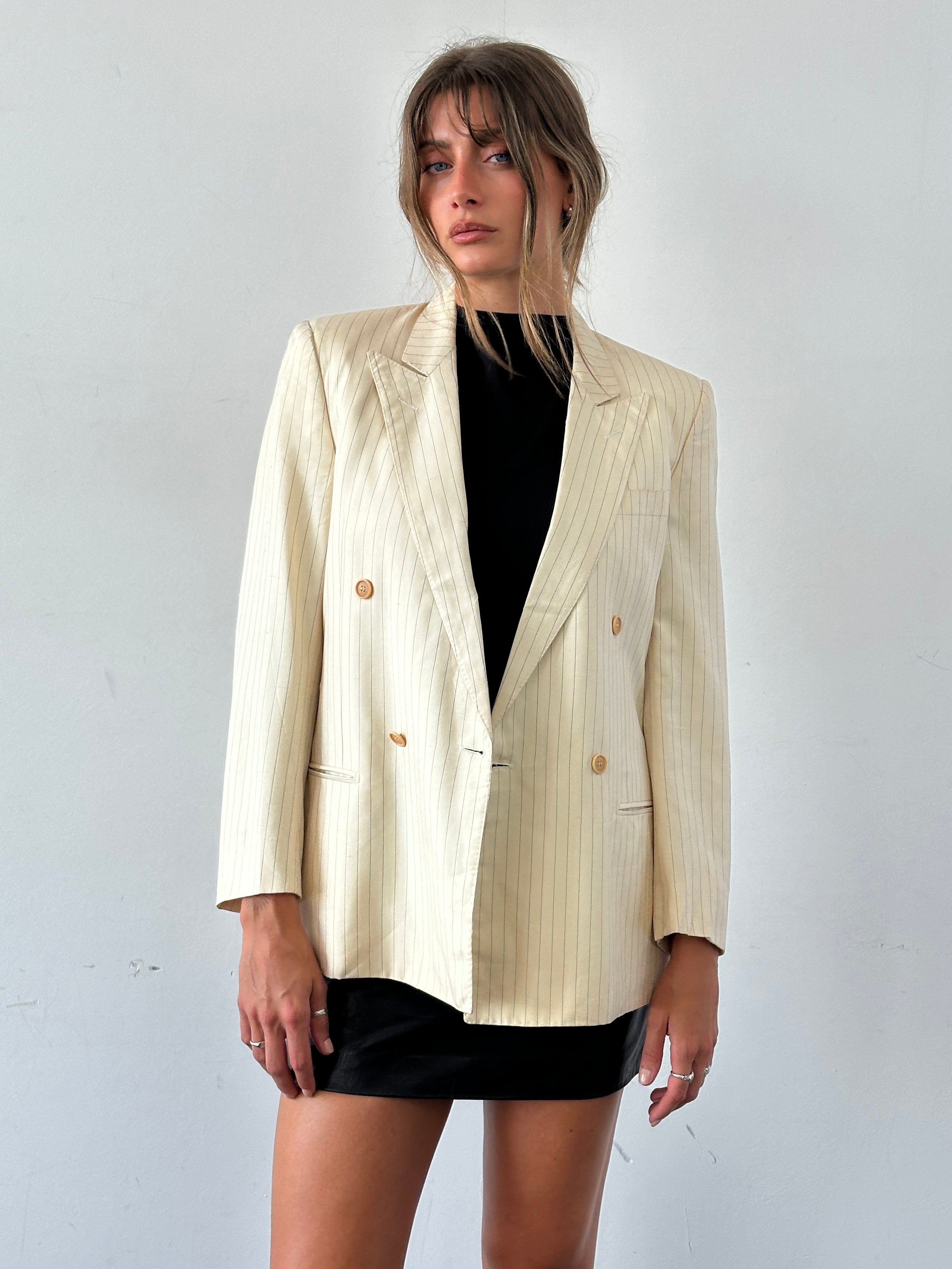 Pierre Cardin pure silk striped double-breasted blazer in size 36R, tailored fit with classic lapels and sleek design.