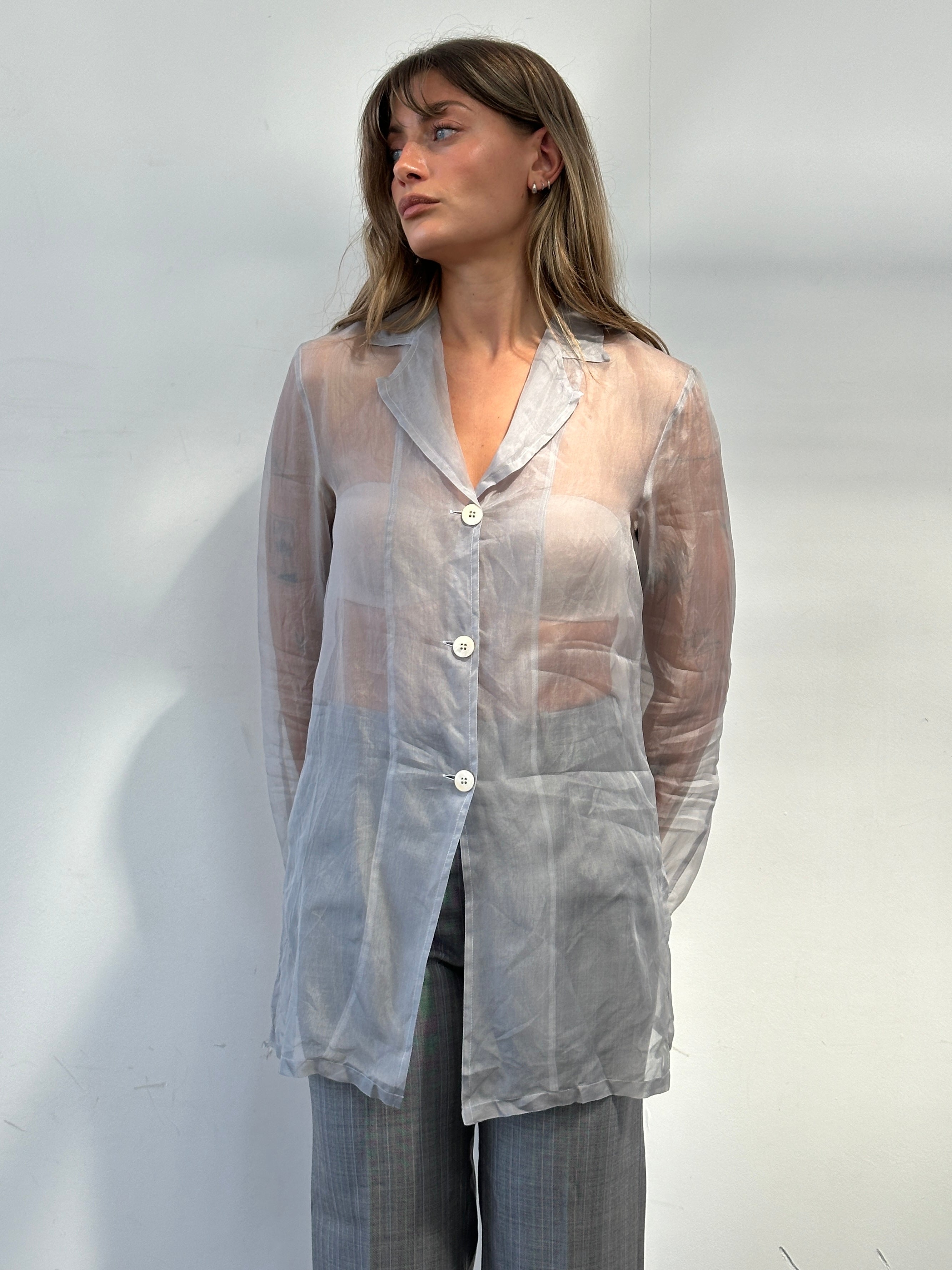MAX & Co sheer organza shirt in size small, featuring lightweight, transparent fabric with a classic collar and button front.