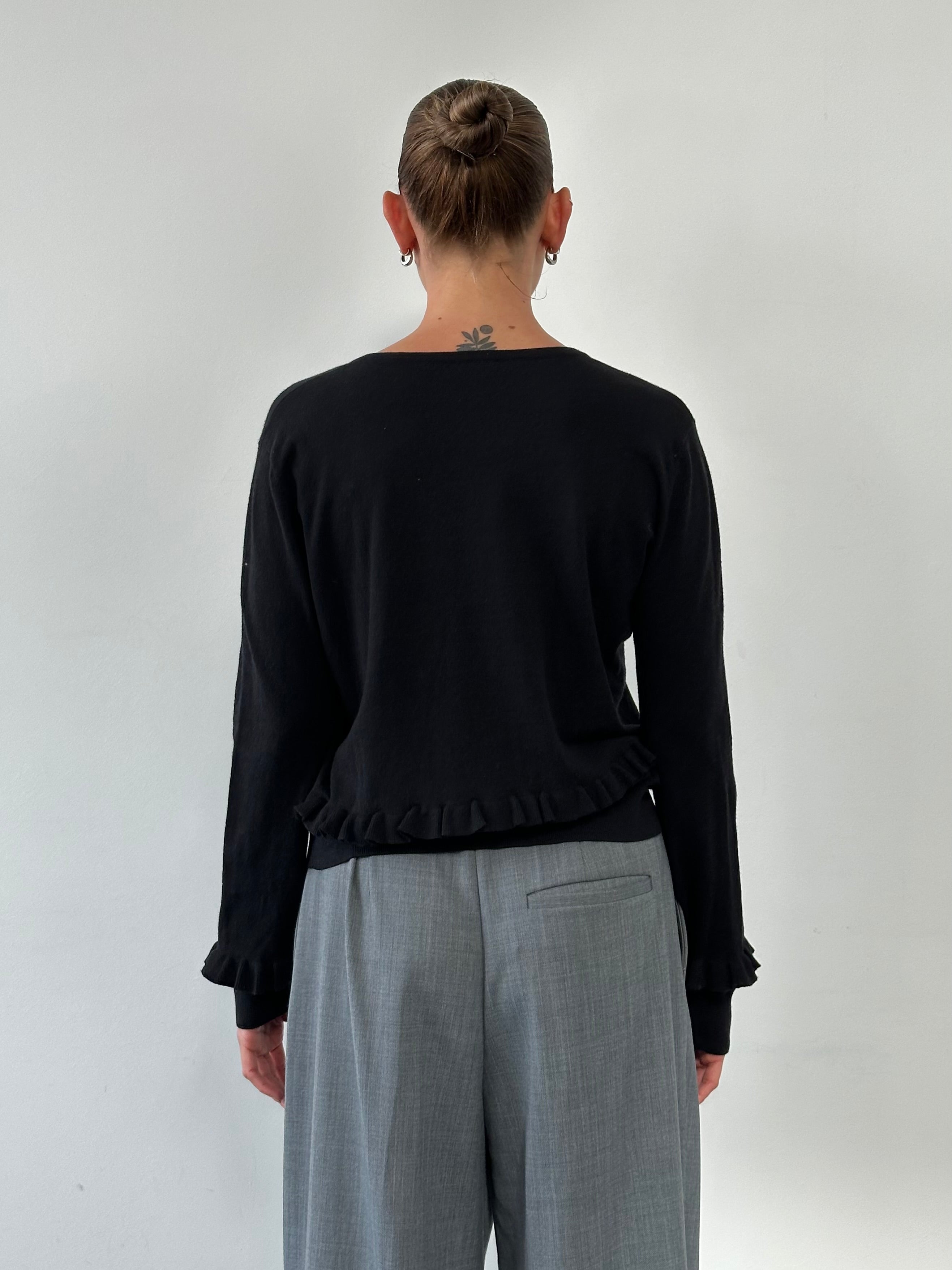 Armani Jeans cotton ruffle cardigan in size M, featuring a soft knit fabric with ruffle detailing, perfect for casual wear.