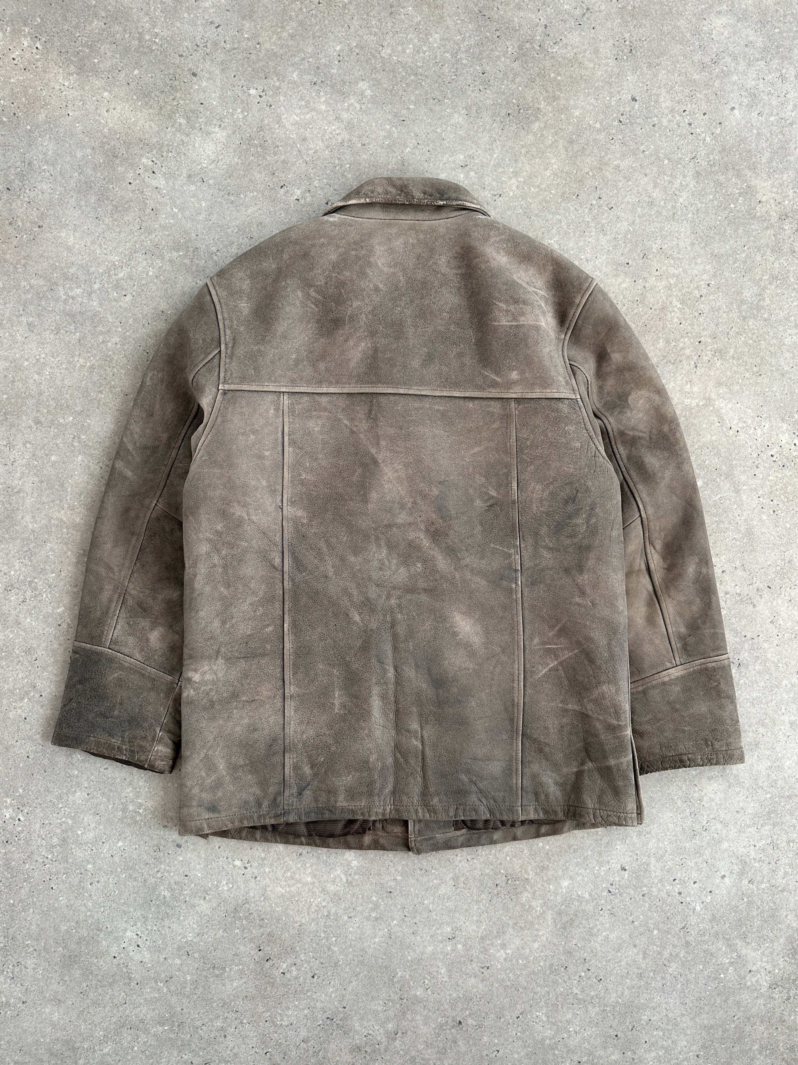 Vintage Italian 1990s aged leather jacket, XL size, showing distressed brown leather with classic collar and button details.