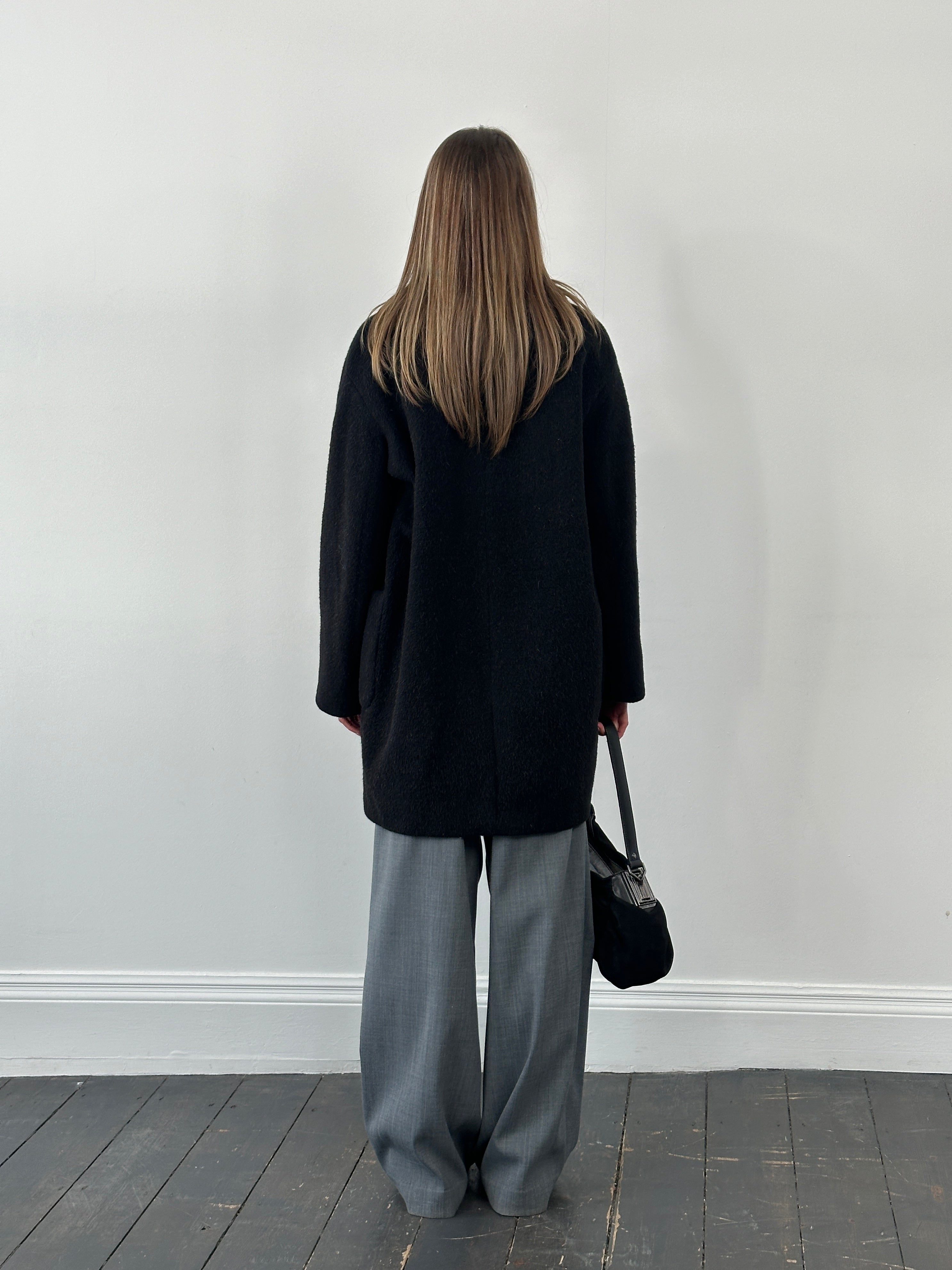 Max Mara Weekend 1990s wool mohair single-breasted coat in size M/L, shown in a classic tailored style with a collar and button details.