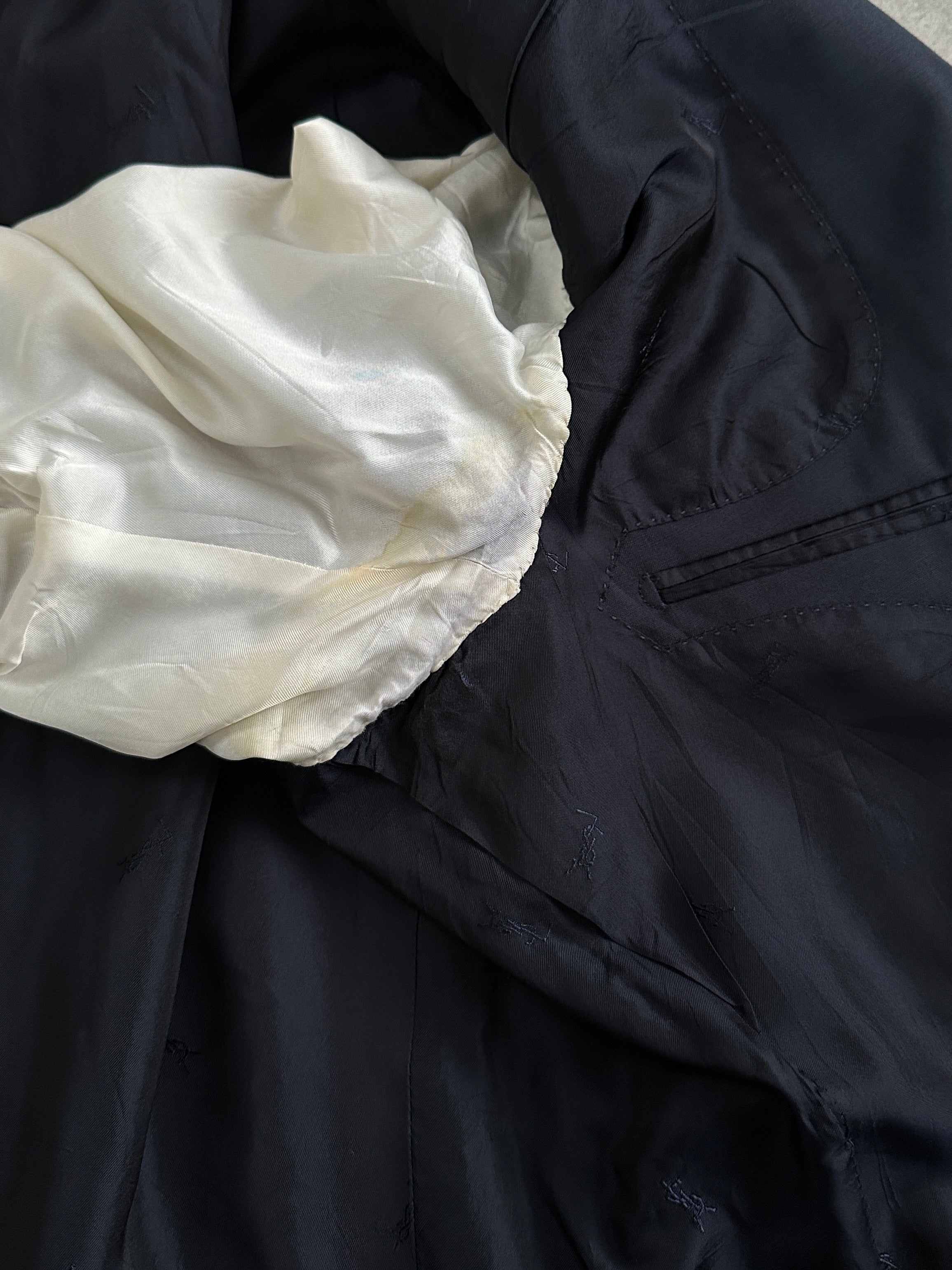 Yves Saint Laurent Pour Homme 1990s pure wool high neck blazer in size 38R/M, dark color, tailored fit, elegant design.