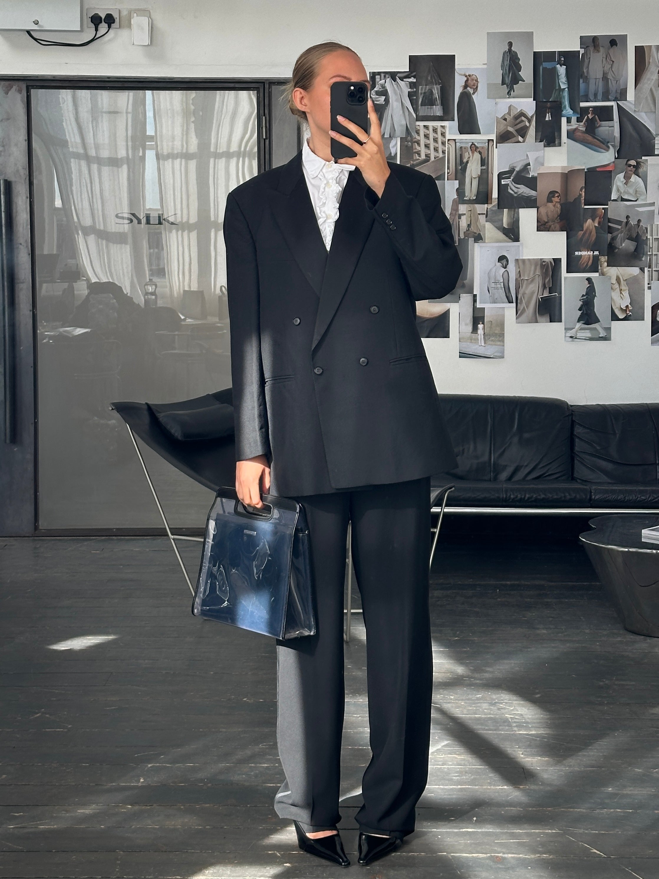 Vintage British 1980s pure wool double-breasted tuxedo blazer in size 44R/XL, classic style with peaked lapels and tailored fit.