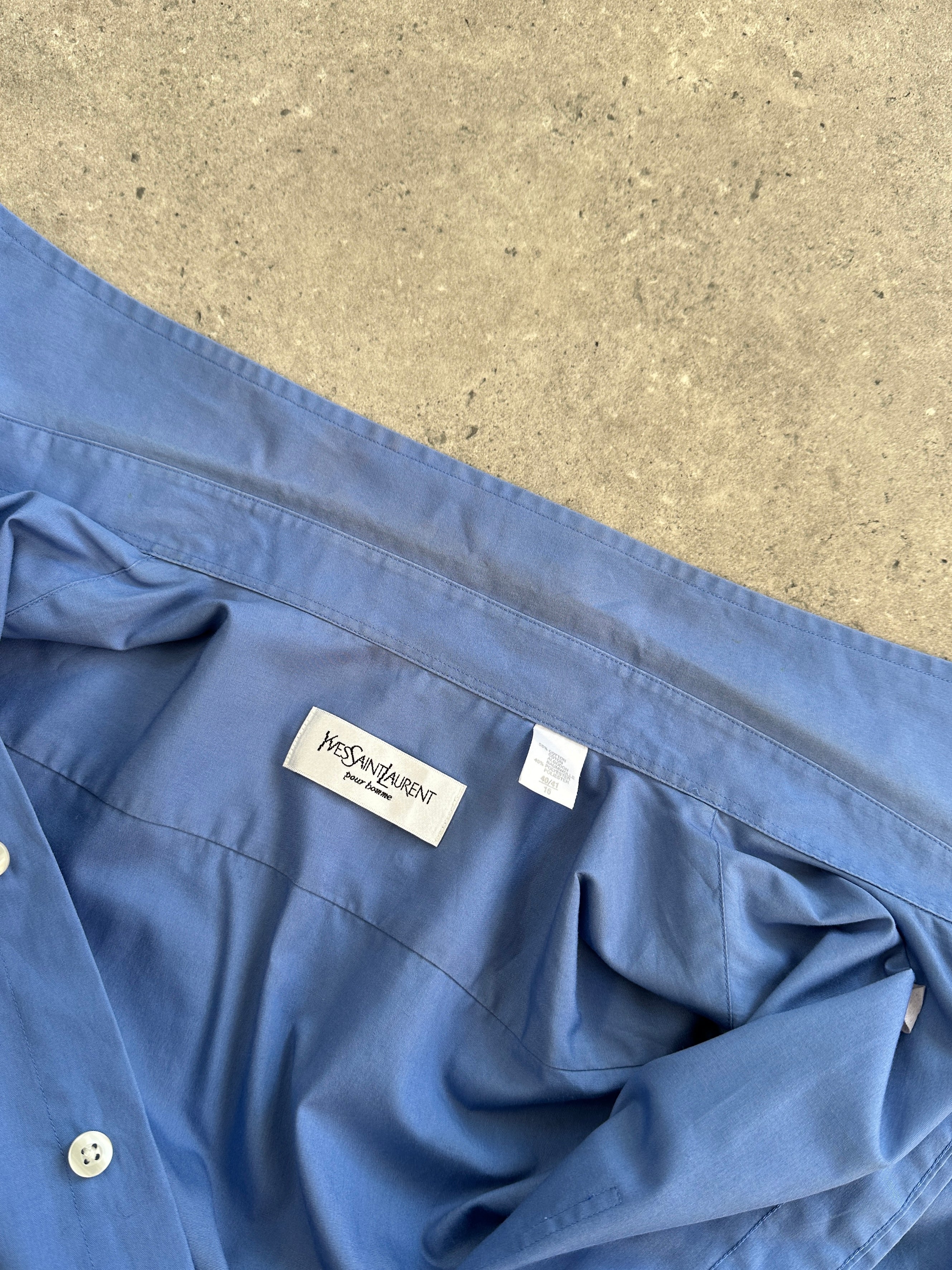 Yves Saint Laurent Pour Homme cotton logo shirt in size L/XL, featuring the iconic YSL logo on a stylish men's shirt.