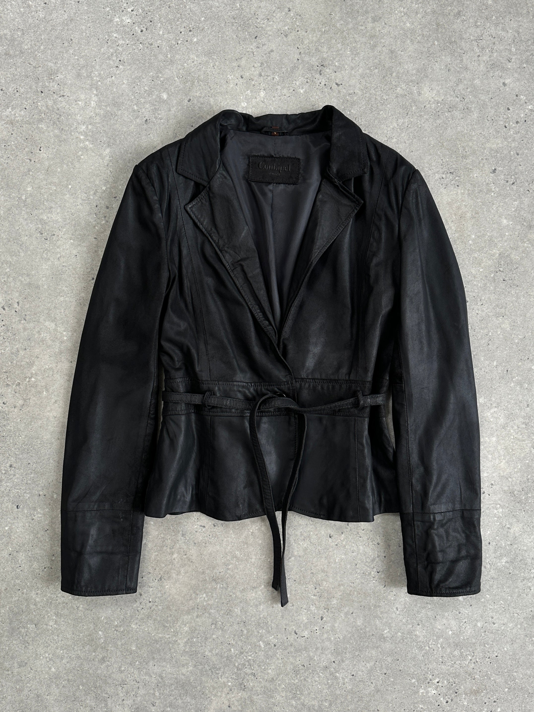 Conbipel nubuck leather lambskin tie waist jacket in black, featuring a sleek design and adjustable waist tie, size S/M.