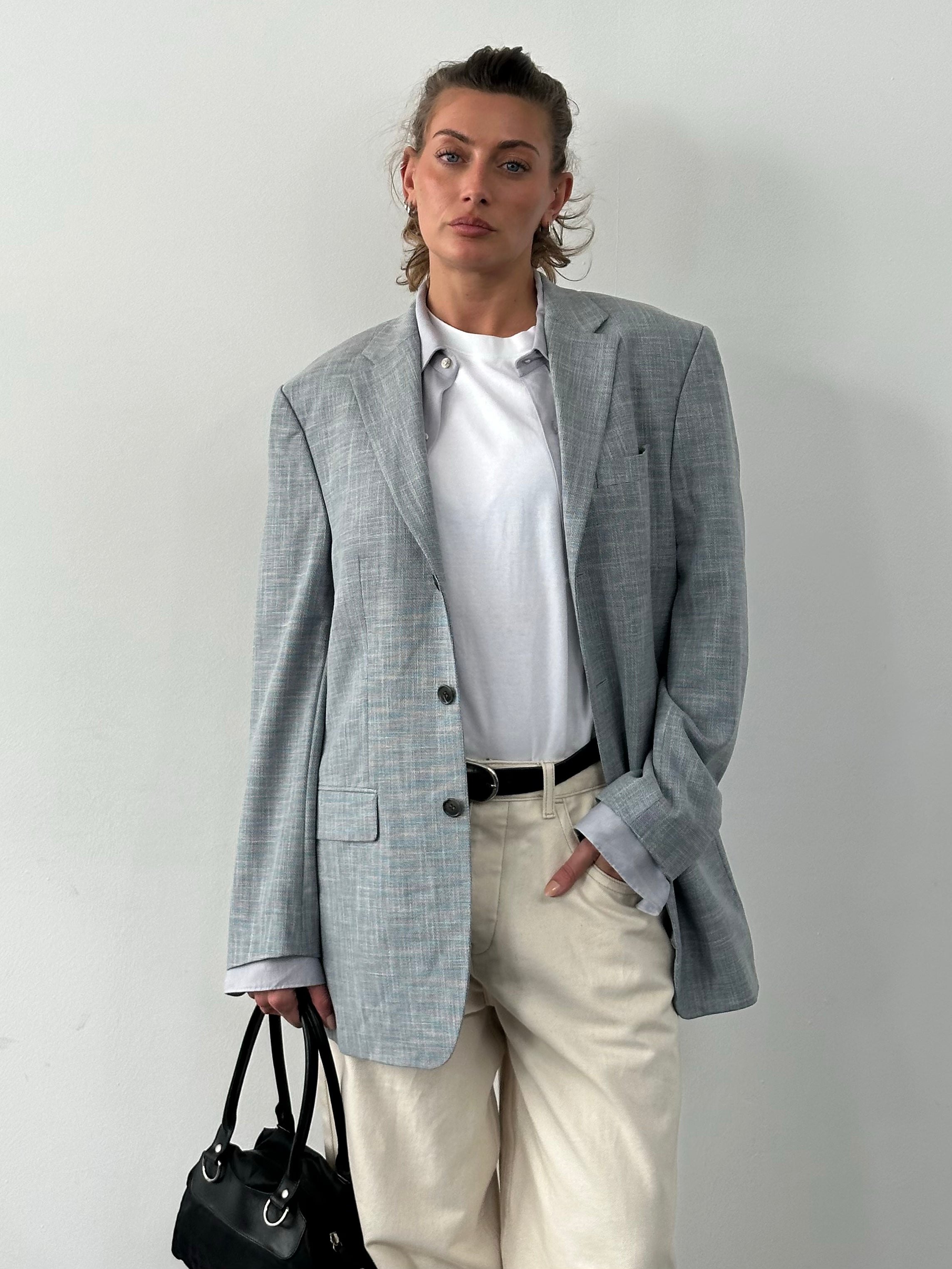 Loro Piana Rene Lezard 1990s single-breasted blazer in L/XL, tailored fit with classic lapels and luxurious fabric details.