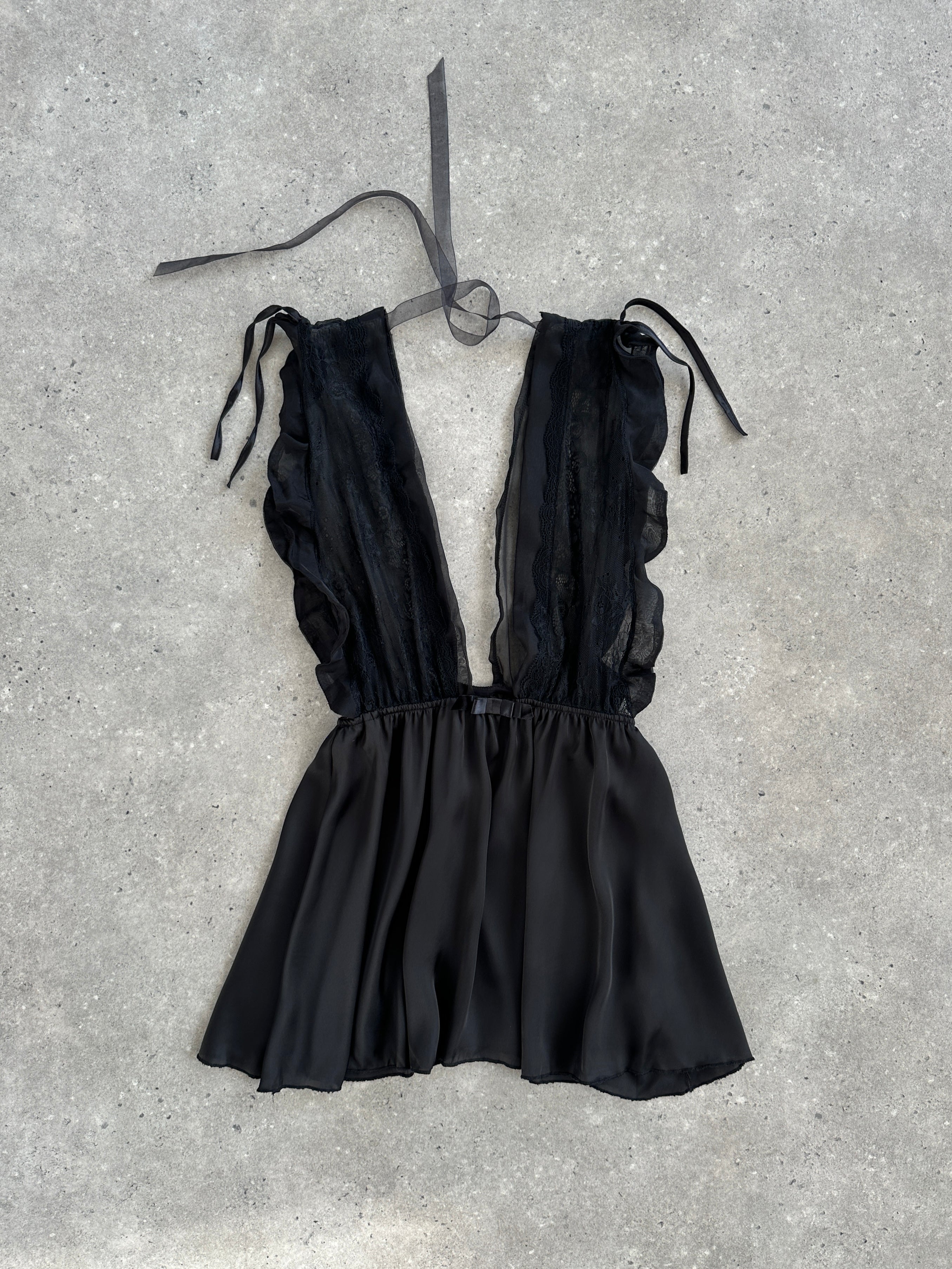 Vintage 2000s lace sheer satin babydoll top, size M, featuring delicate lace details and lightweight, silky fabric.