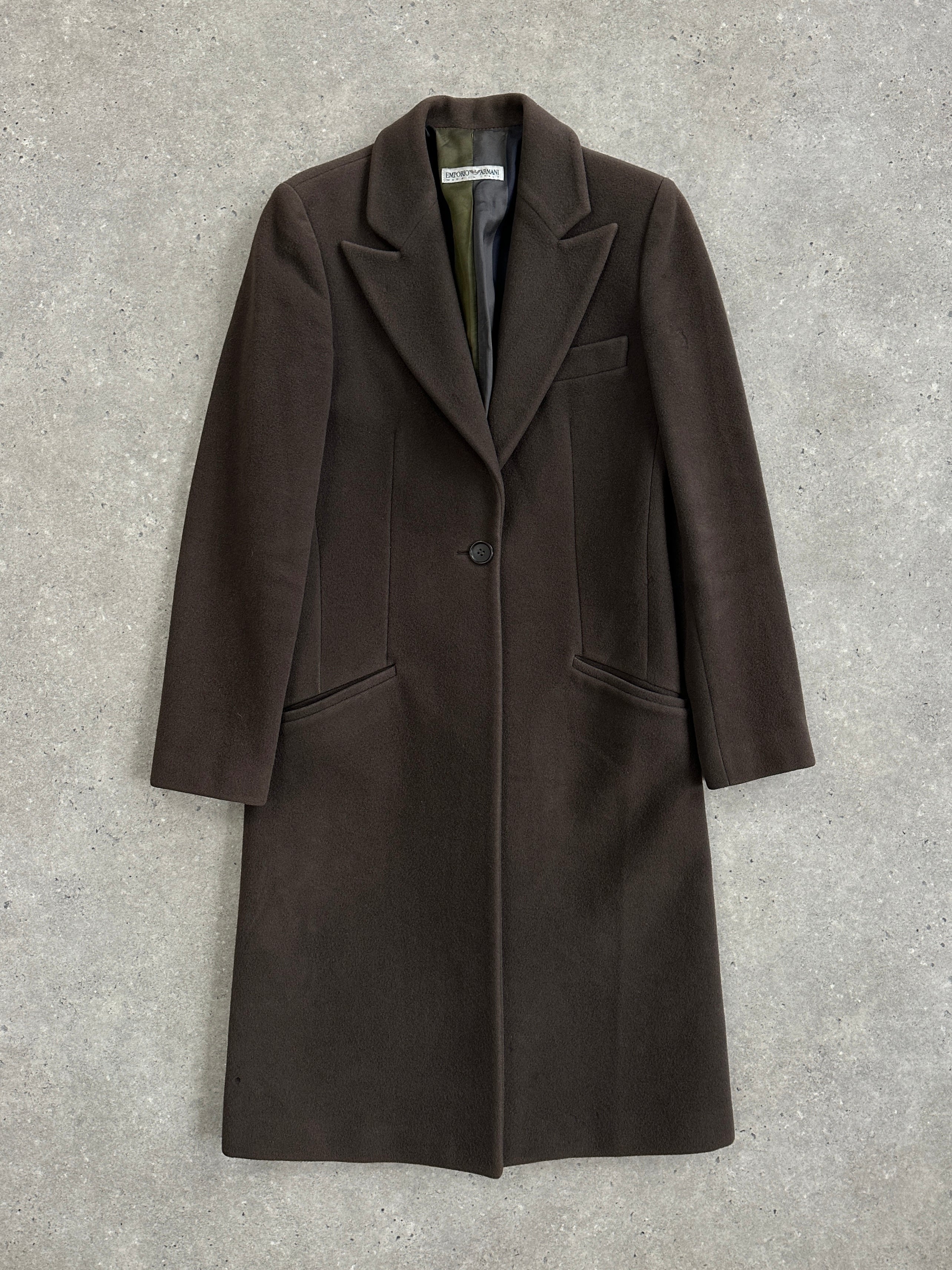 Emporio Armani 1990s pure virgin wool single-button coat in XS/S, showcasing a classic tailored design with a sleek silhouette.