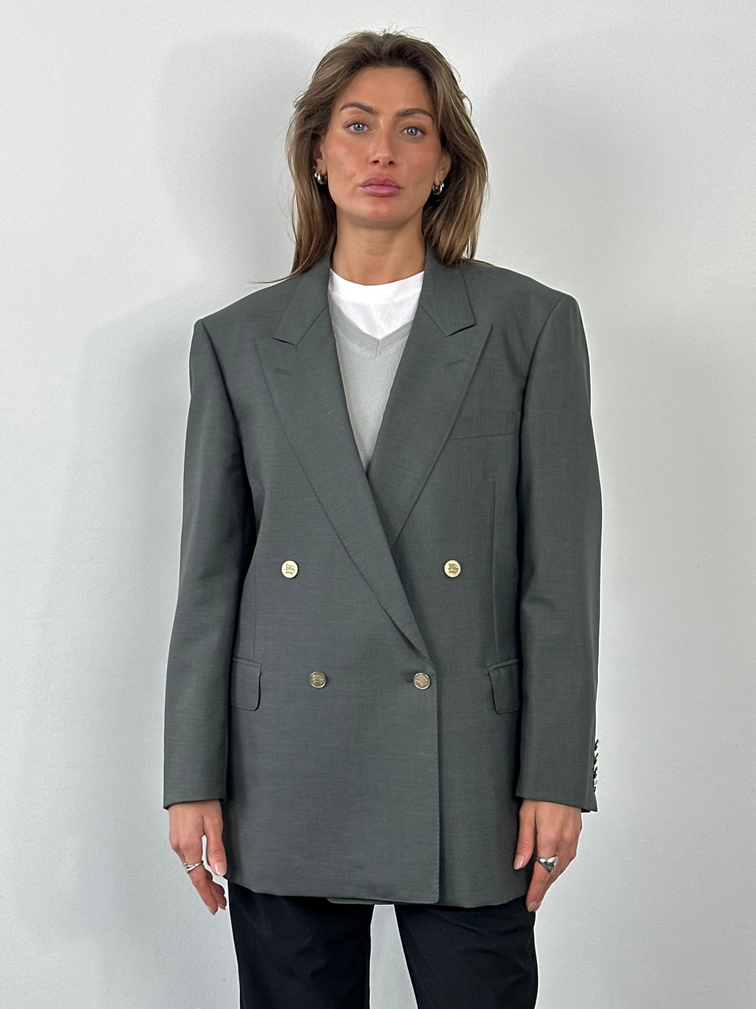 Burberry 1990s wool mohair double-breasted blazer in XL, tailored fit with classic check pattern and structured collar.