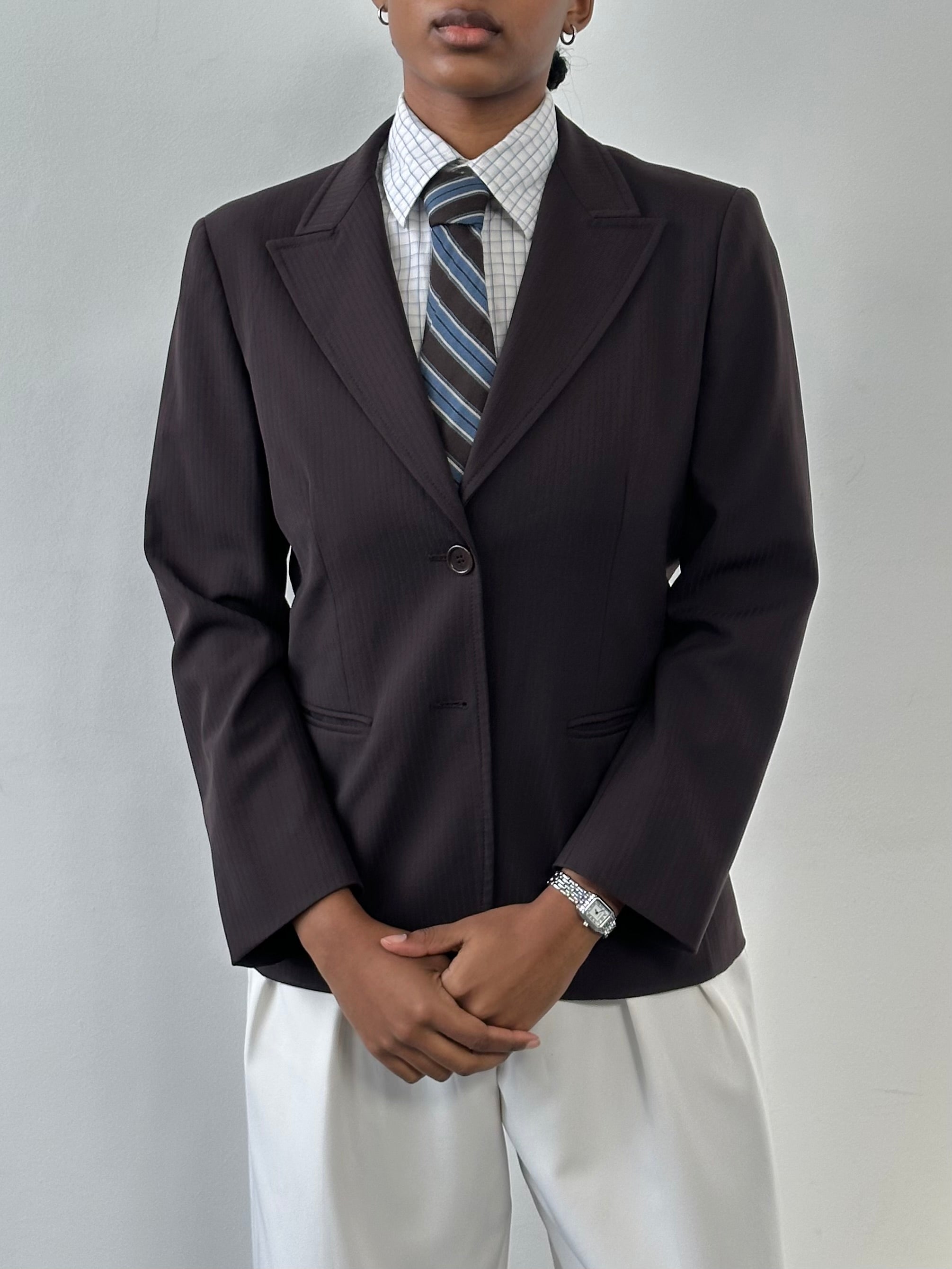 Marella 2000s wool single-breasted blazer in size S, navy blue, tailored fit, with lapel collar and button closure.