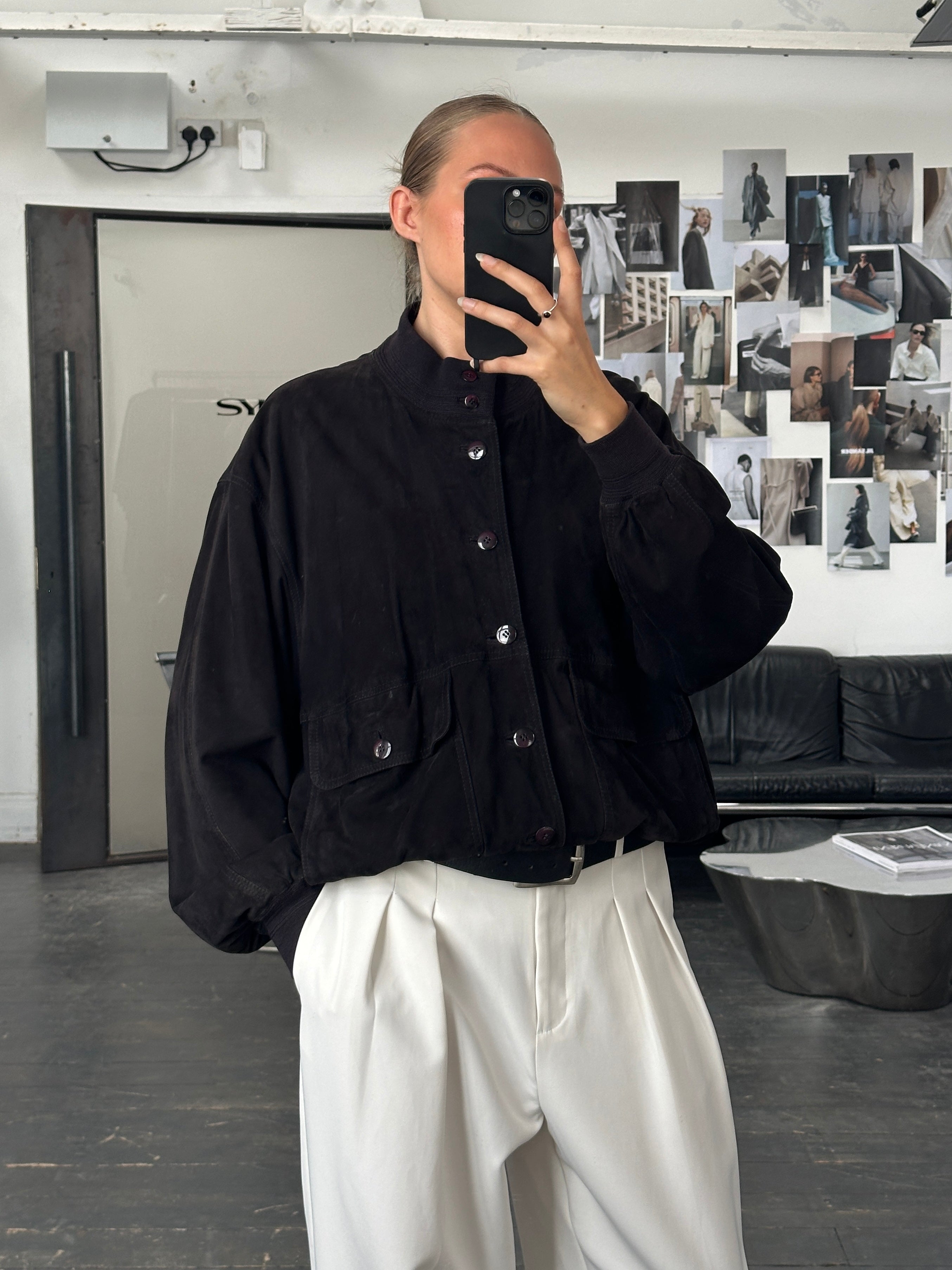 Vintage 1980s high neck suede bomber leather jacket in XL, showcasing a classic retro style with textured suede and a high collar.