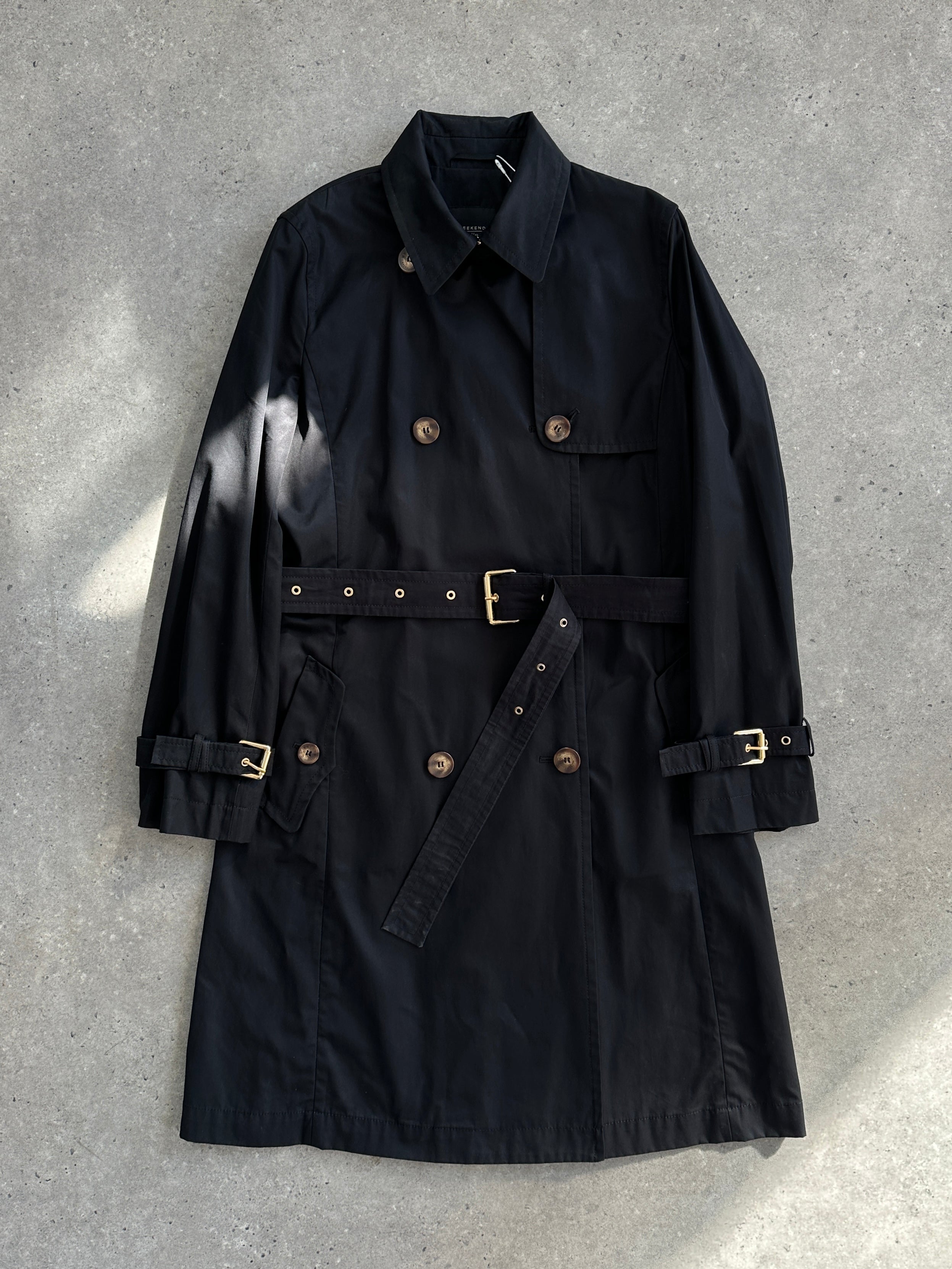 Max Mara Weekend pure cotton belted trench coat in beige, displayed on a hanger with a classic collar and double-breasted design.