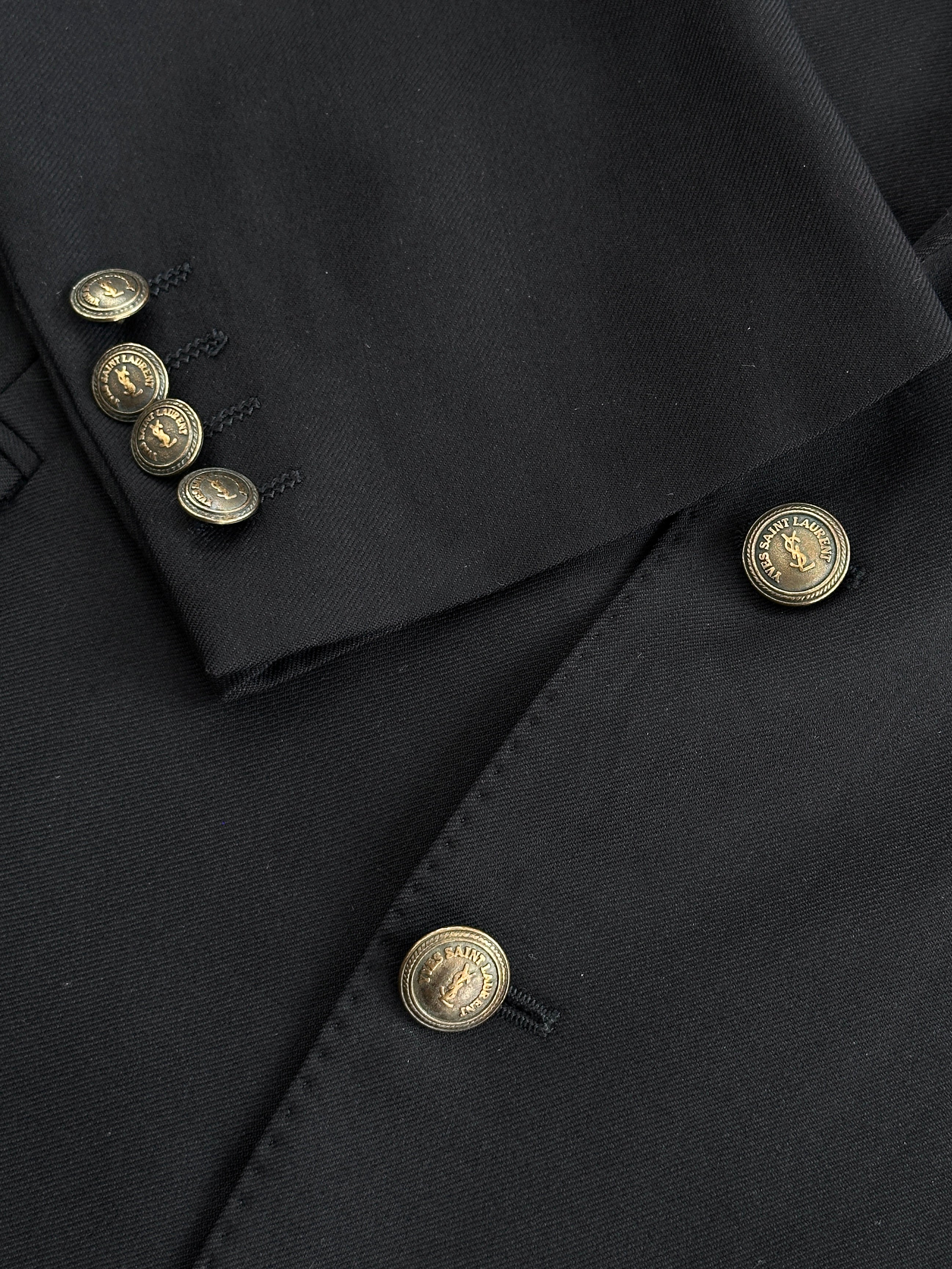 Yves Saint Laurent Pour Homme 1980s bespoke pure wool blazer in XL, tailored fit with classic button-front design.