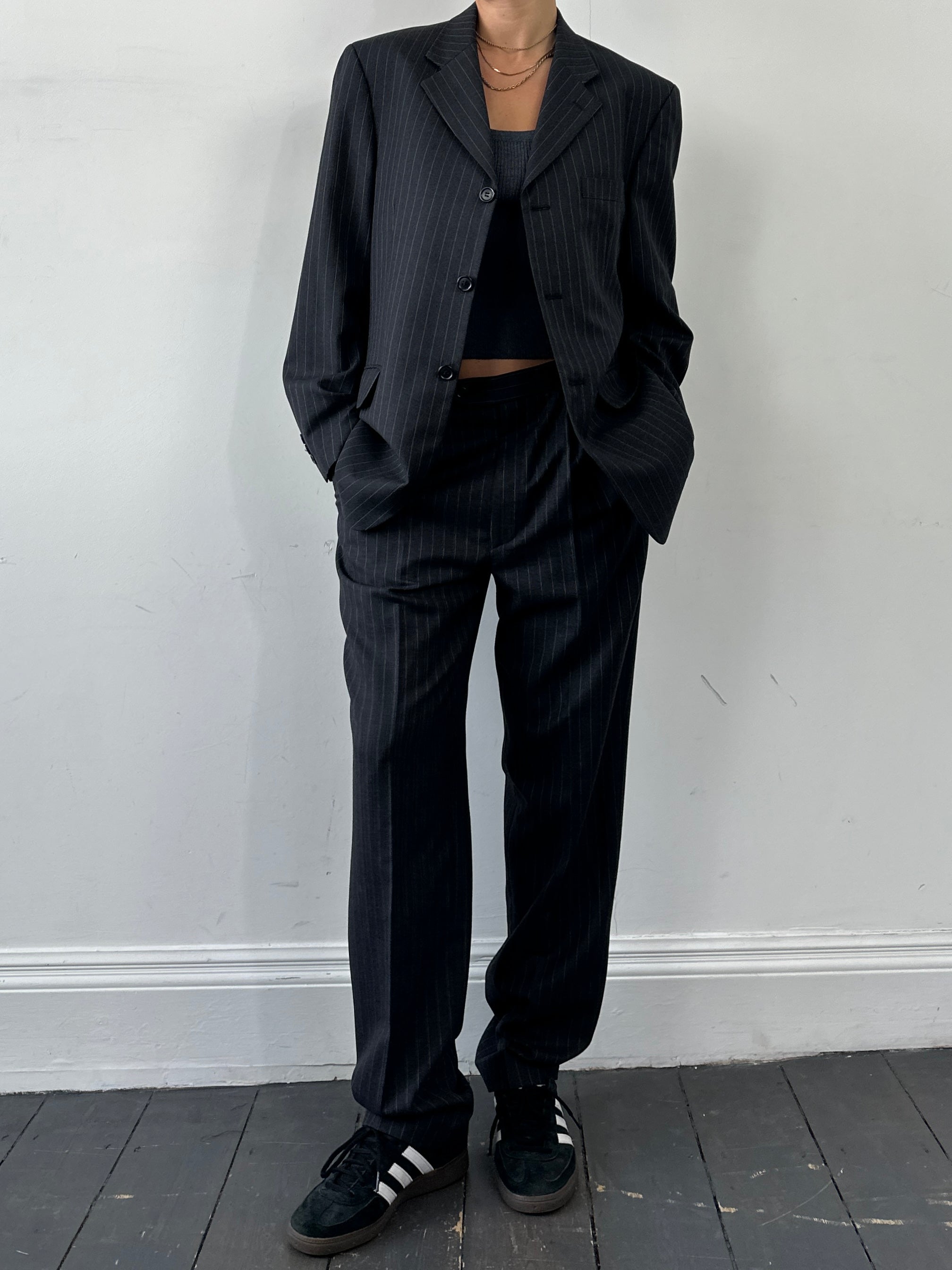 Pierre Cardin pinstripe pure wool single-breasted jumpsuit, size 40R/W32, featuring tailored design and classic pinstripe pattern.