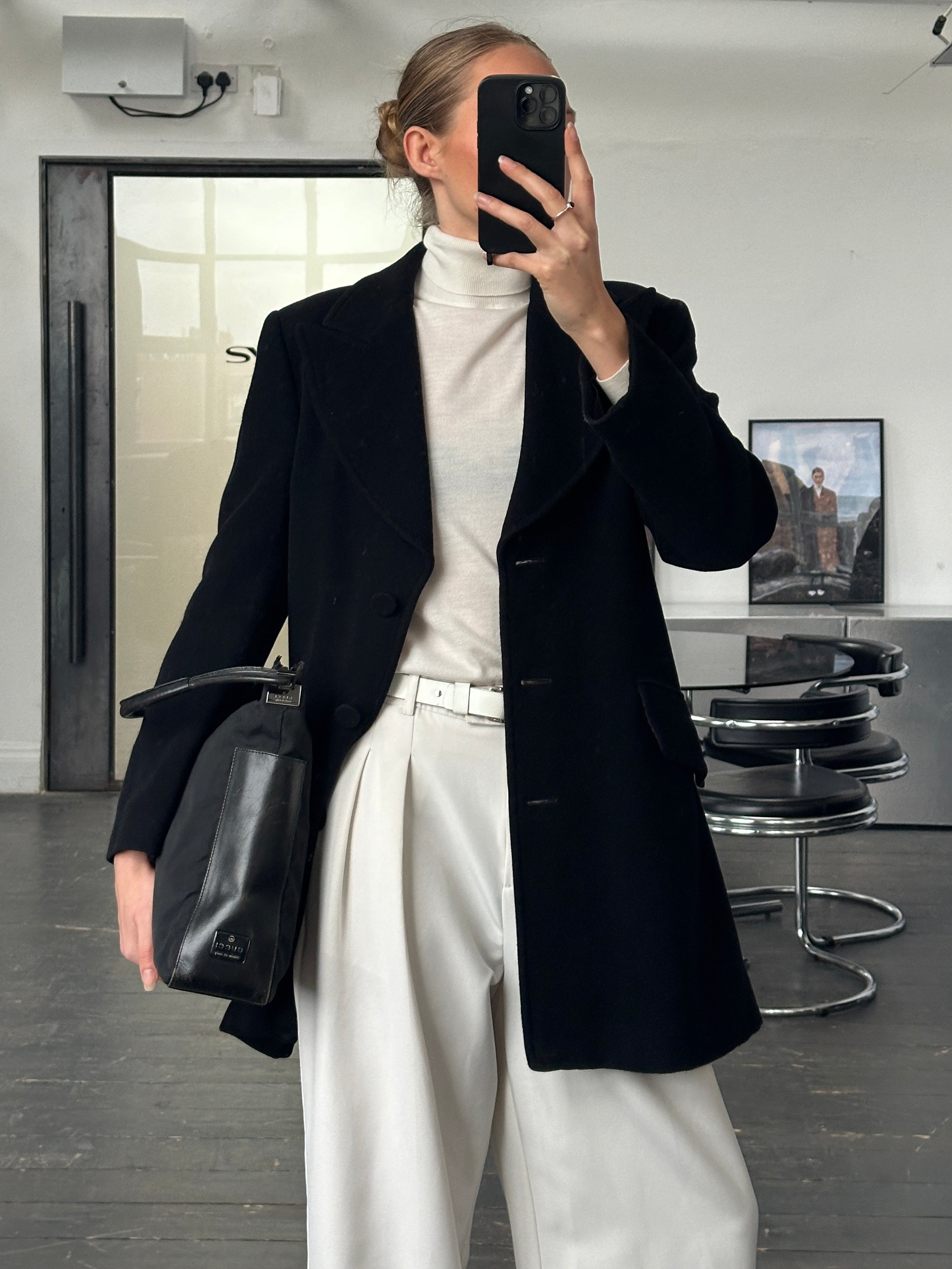 Emporio Armani 1990s wool camel coat in size S/M, stylish men's outerwear with classic design and warm fabric.